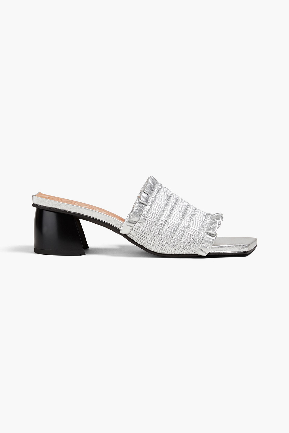 Shirred metallic mules
