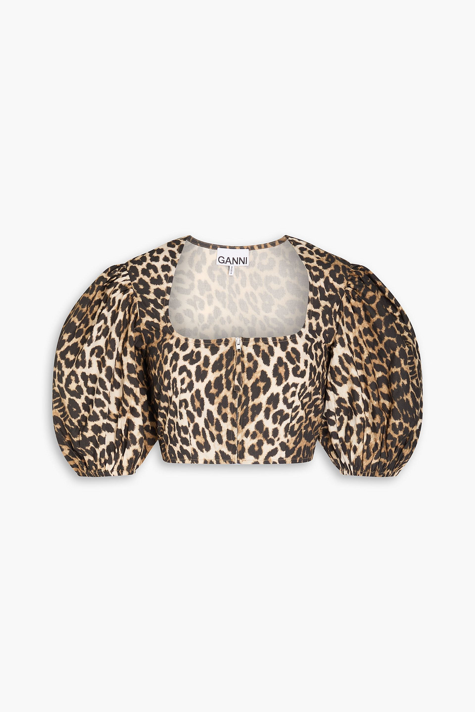 Ganni Leopard-print Puff-sleeve Cropped Blouse In Animal Print