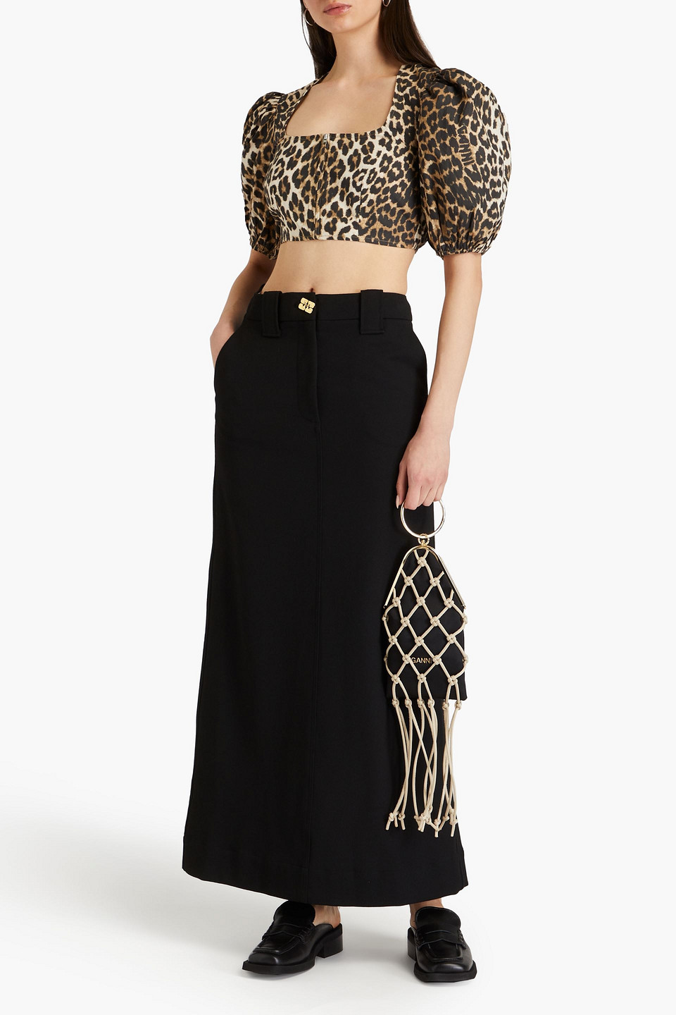 Shop Ganni Cropped Leopard-print Cotton-poplin Top In Animal Print