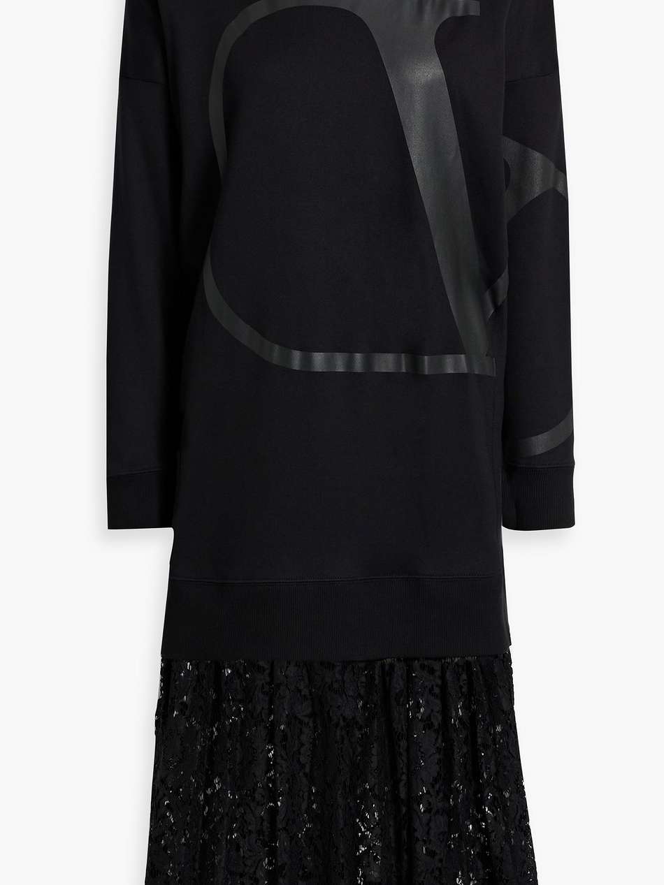 printed french cotton-blend terry and corded lace midi dress