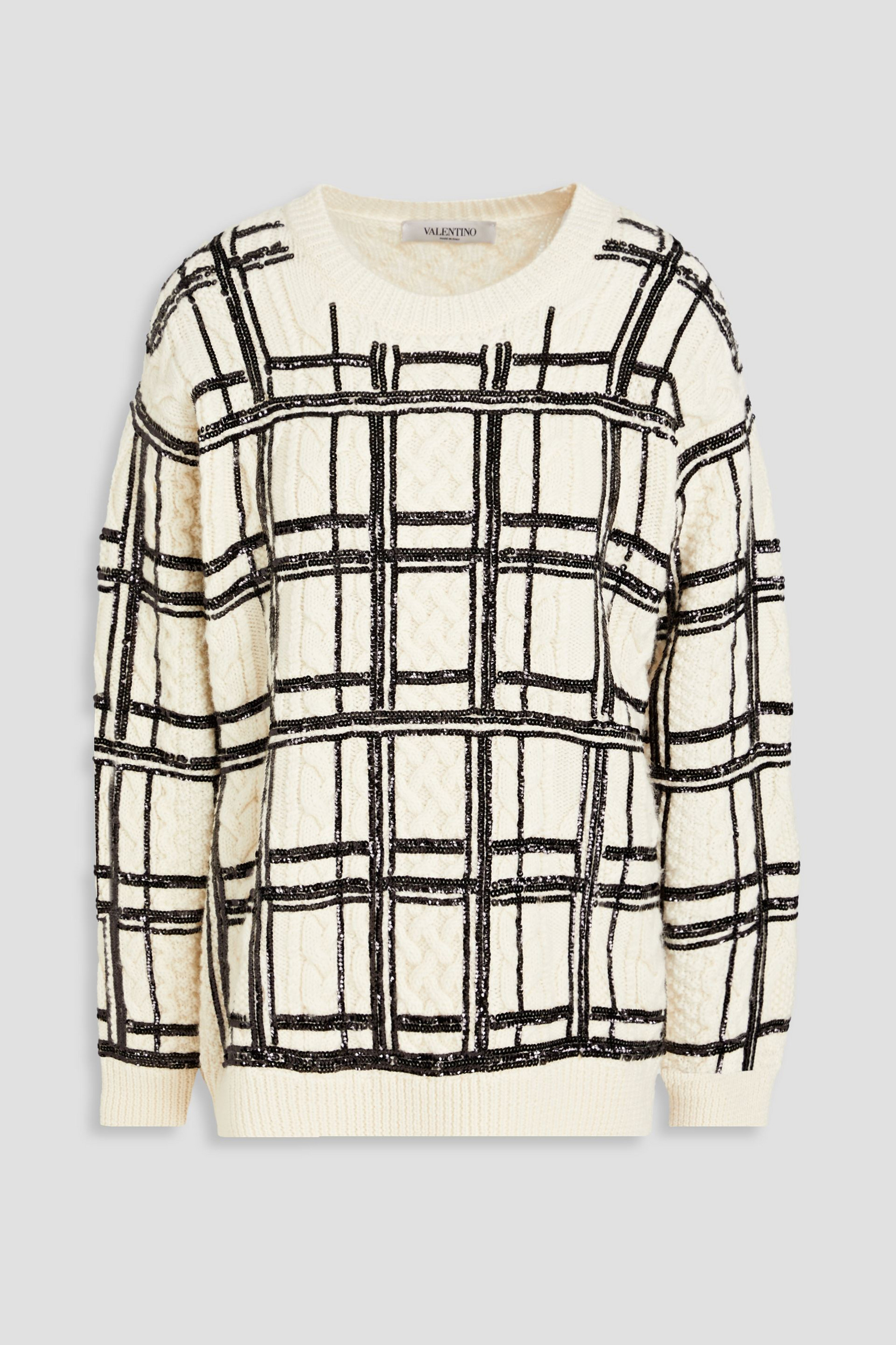 Valentino Garavani Sequin-embellished checked cable-knit wool sweater