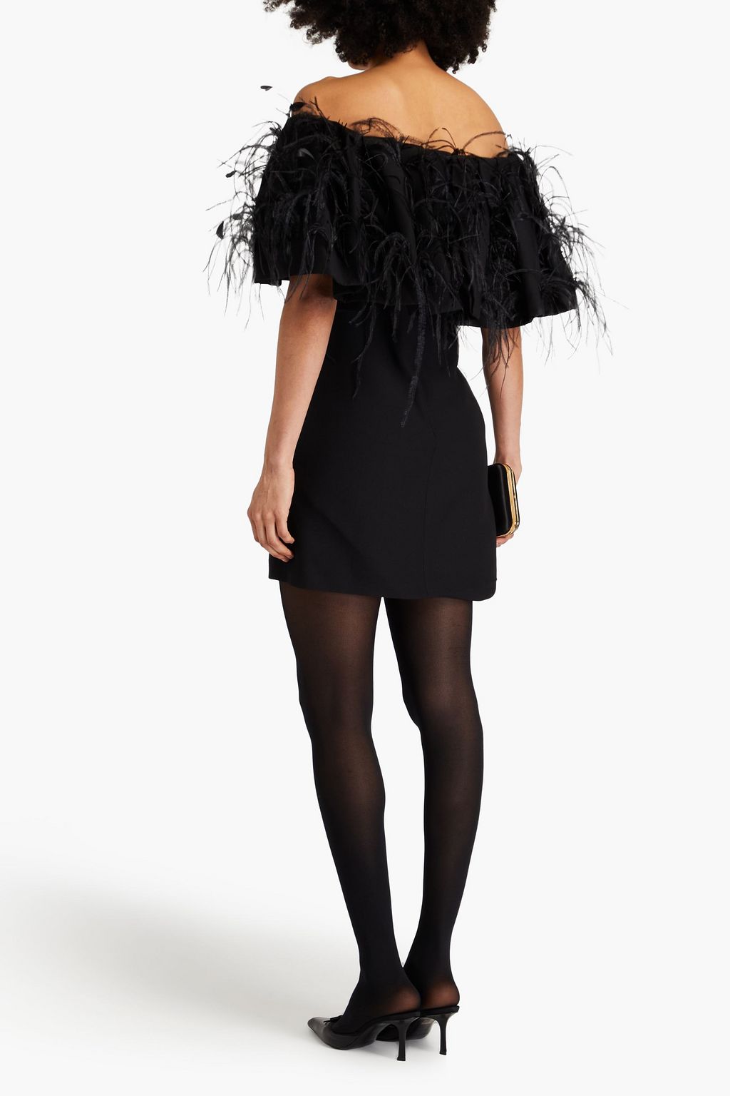 VALENTINO GARAVANI Schulterfreies Minikleid aus Crêpe aus einer Woll-Seidenmischung mit Federverzierung