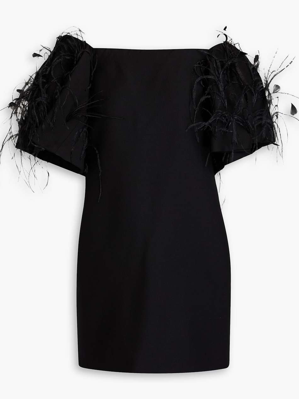 off-the-shoulder feather-embellished wool and silk-blend crepe mini dress