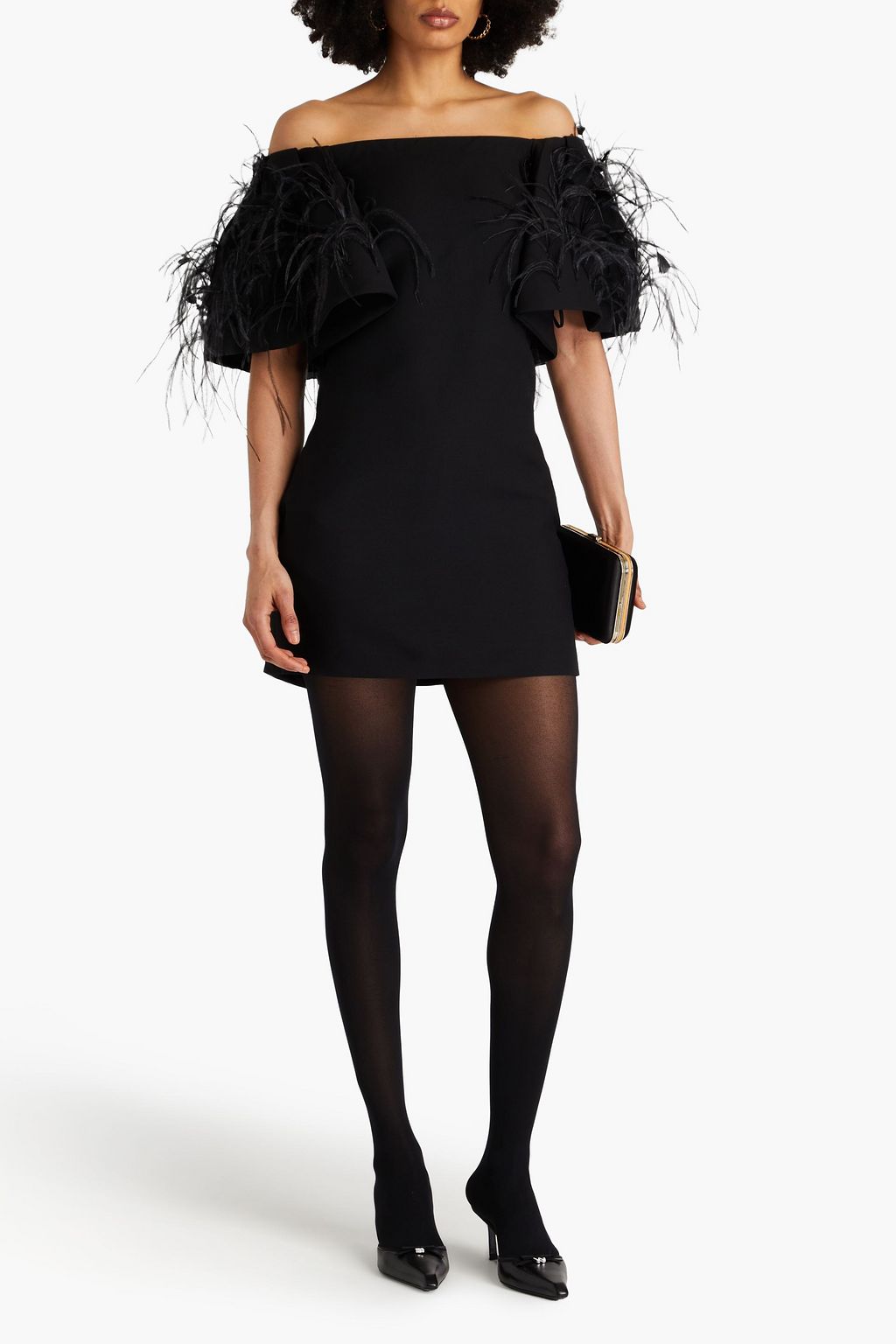 VALENTINO GARAVANI Schulterfreies Minikleid aus Crêpe aus einer Woll-Seidenmischung mit Federverzierung