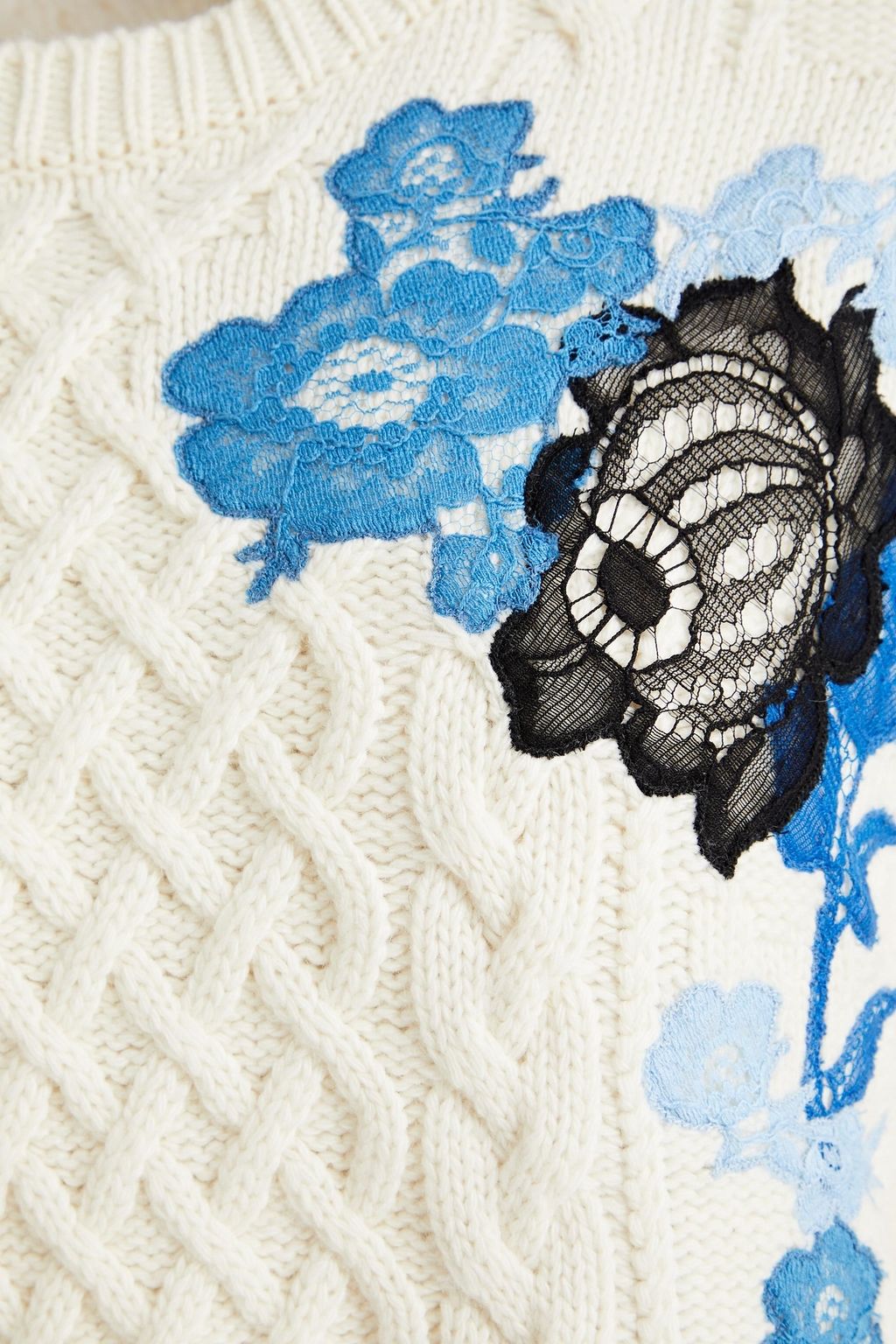 VALENTINO GARAVANI Lace-trimmed cable-knit wool and cashmere-blend sweater