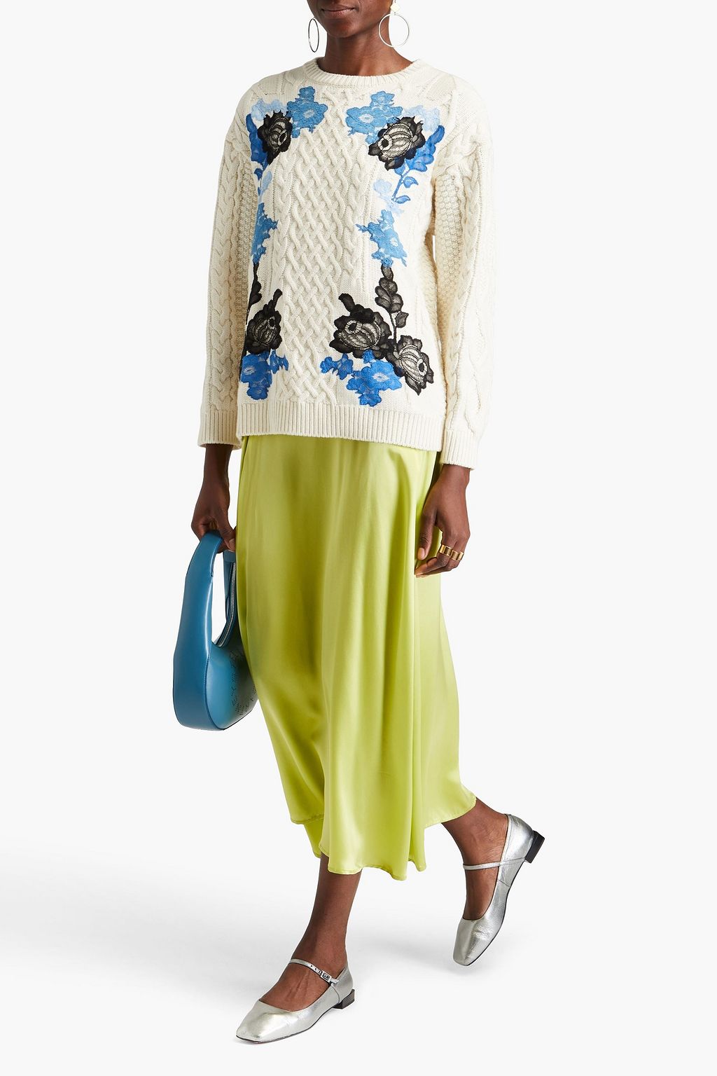 VALENTINO GARAVANI Lace-trimmed cable-knit wool and cashmere-blend sweater
