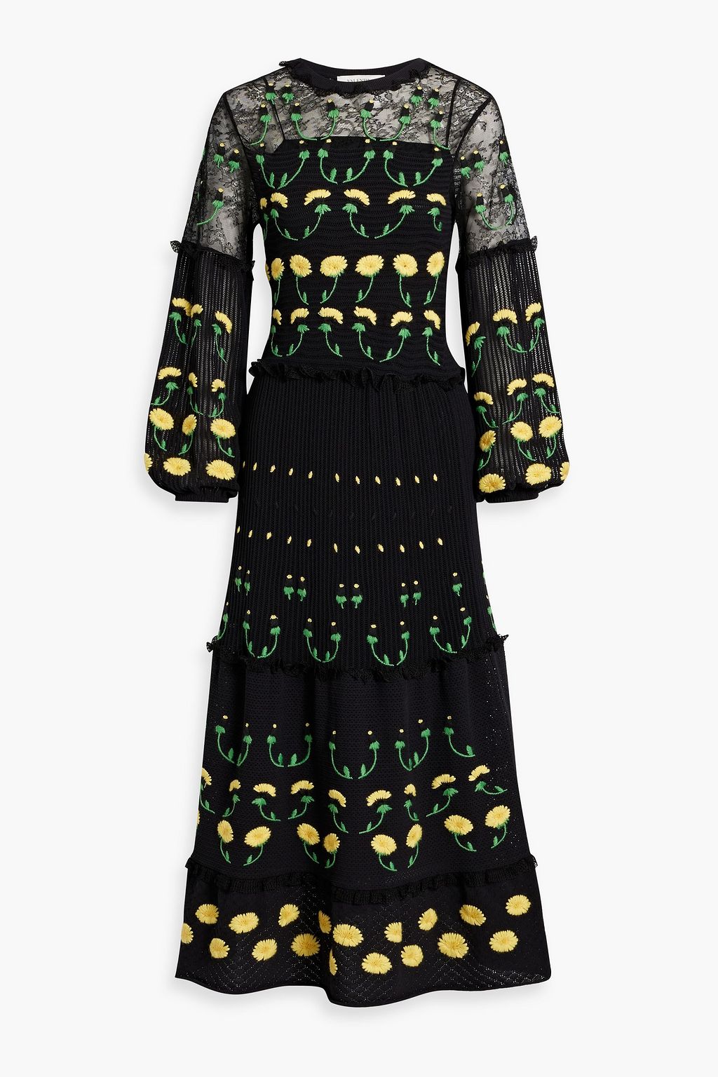 Embroidered lace paneled crocheted cotton blend maxi dress black XS