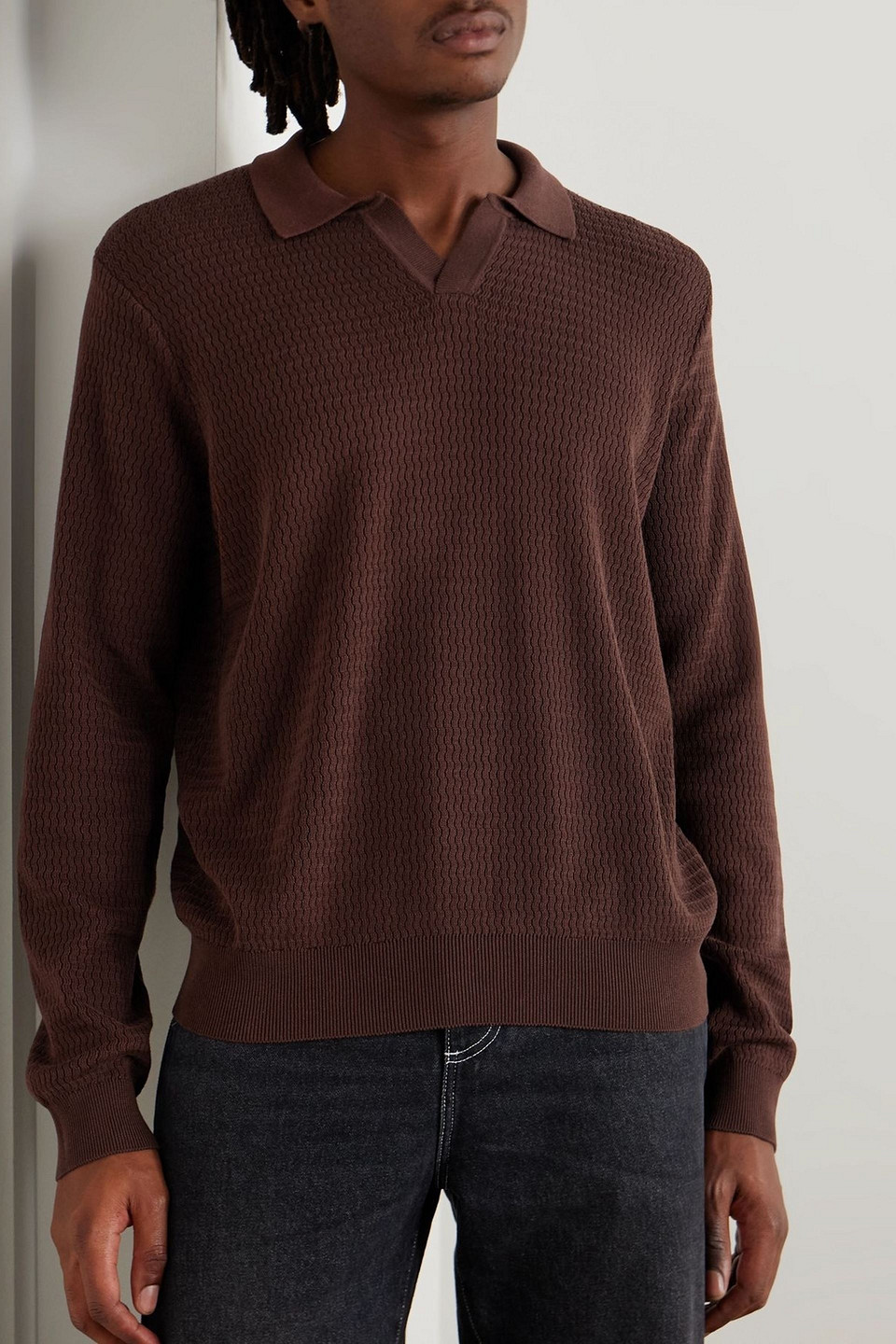  Mr P. - Pullover Aus Einer Strukturierten Baumwoll-seidenmischung Mit Polokragen - Braun - L 