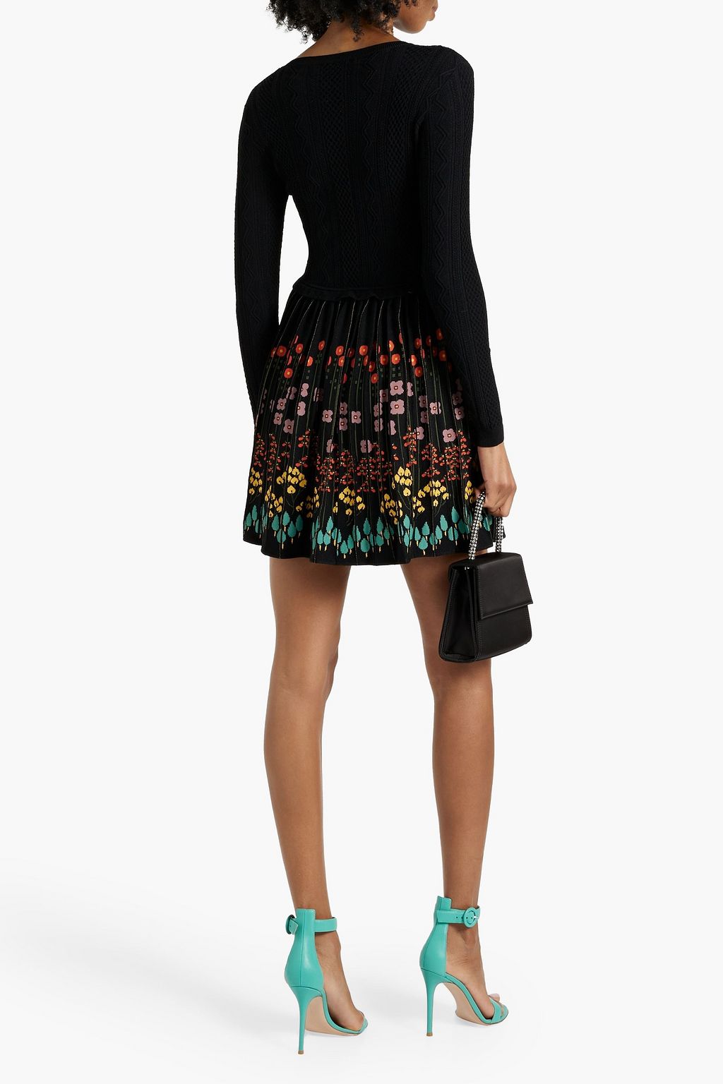 VALENTINO GARAVANI Embroidered pleated jacquard-knit mini dress