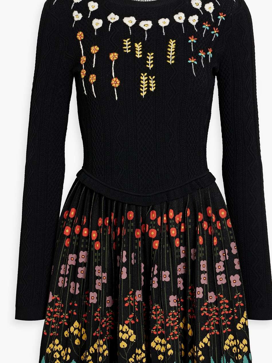 embroidered pleated jacquard-knit mini dress