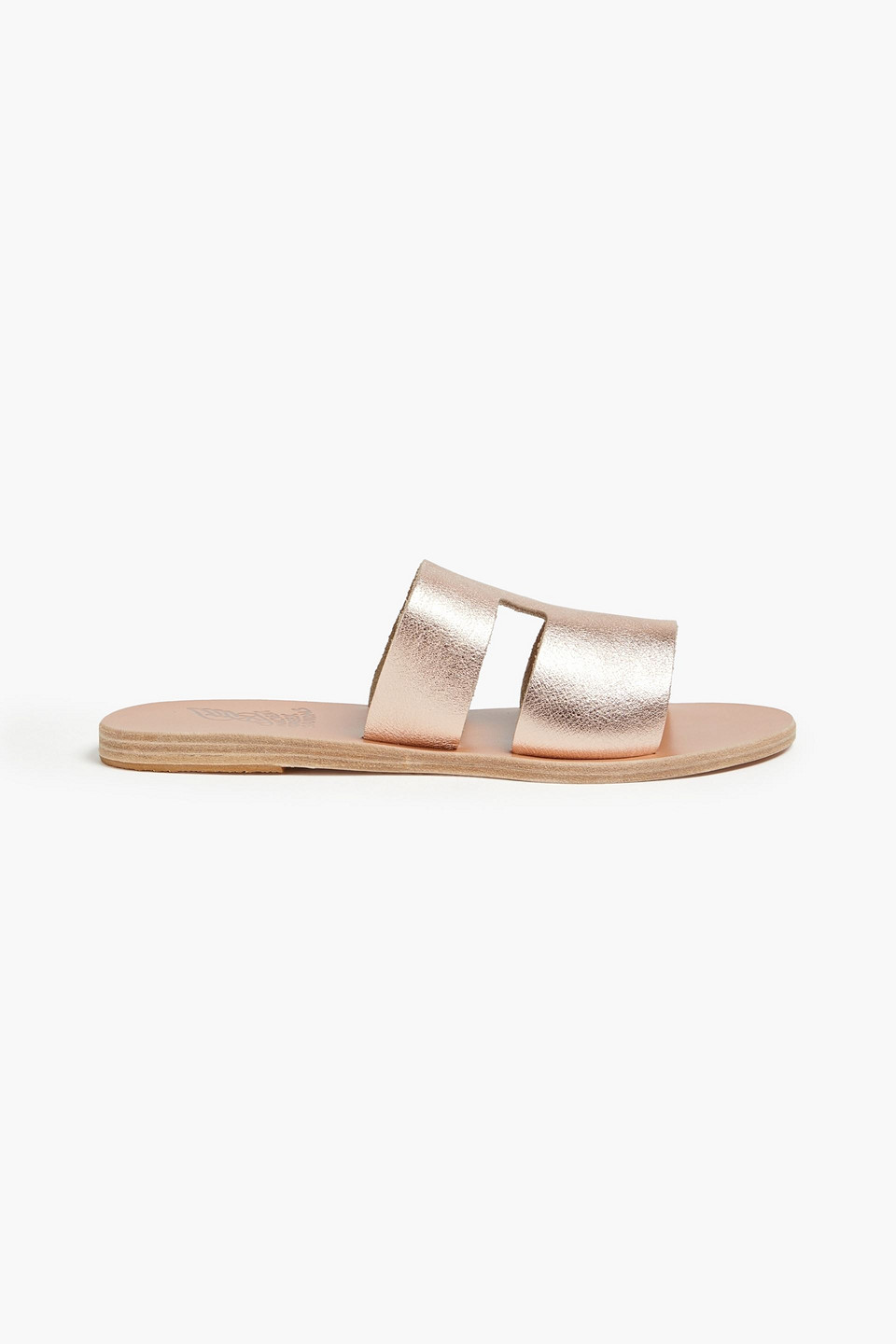 Ancient Greek Sandals Apteros Cutout Metallic Leather Slides In Roségold