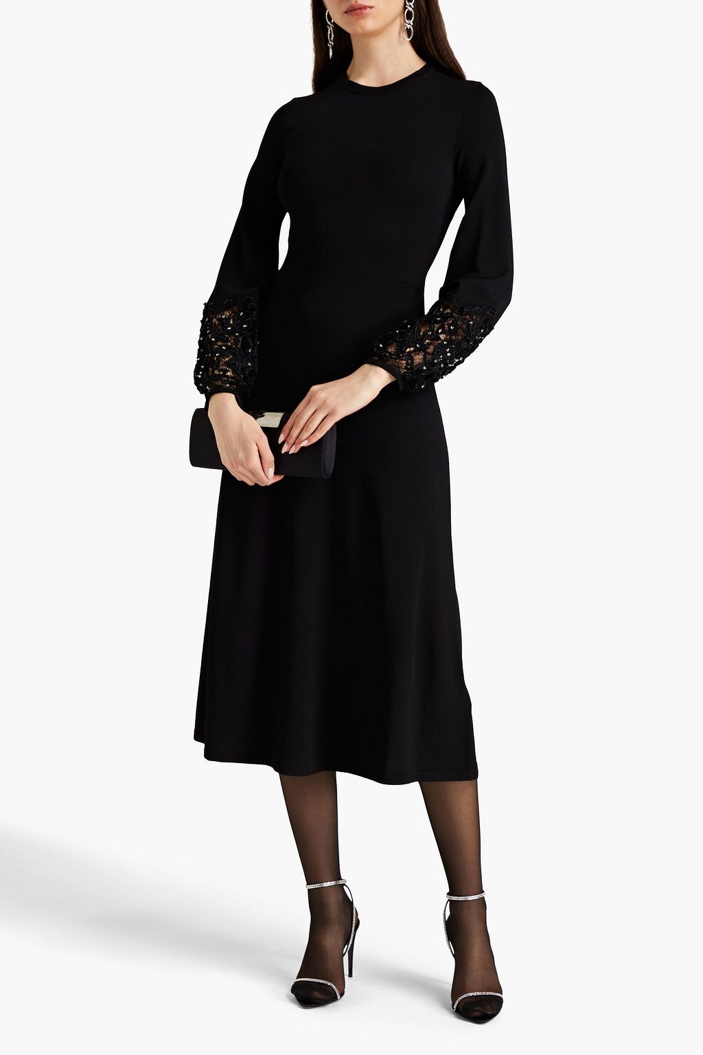 VALENTINO GARAVANI Embellished lace-trimmed knitted midi dress