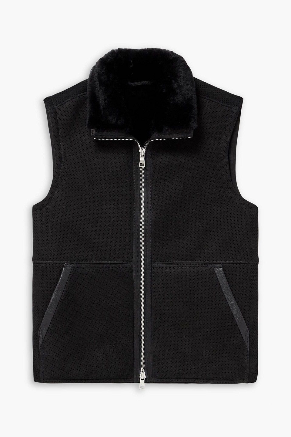 mr p. - leather-trimmed perforated shearling vest - black - s