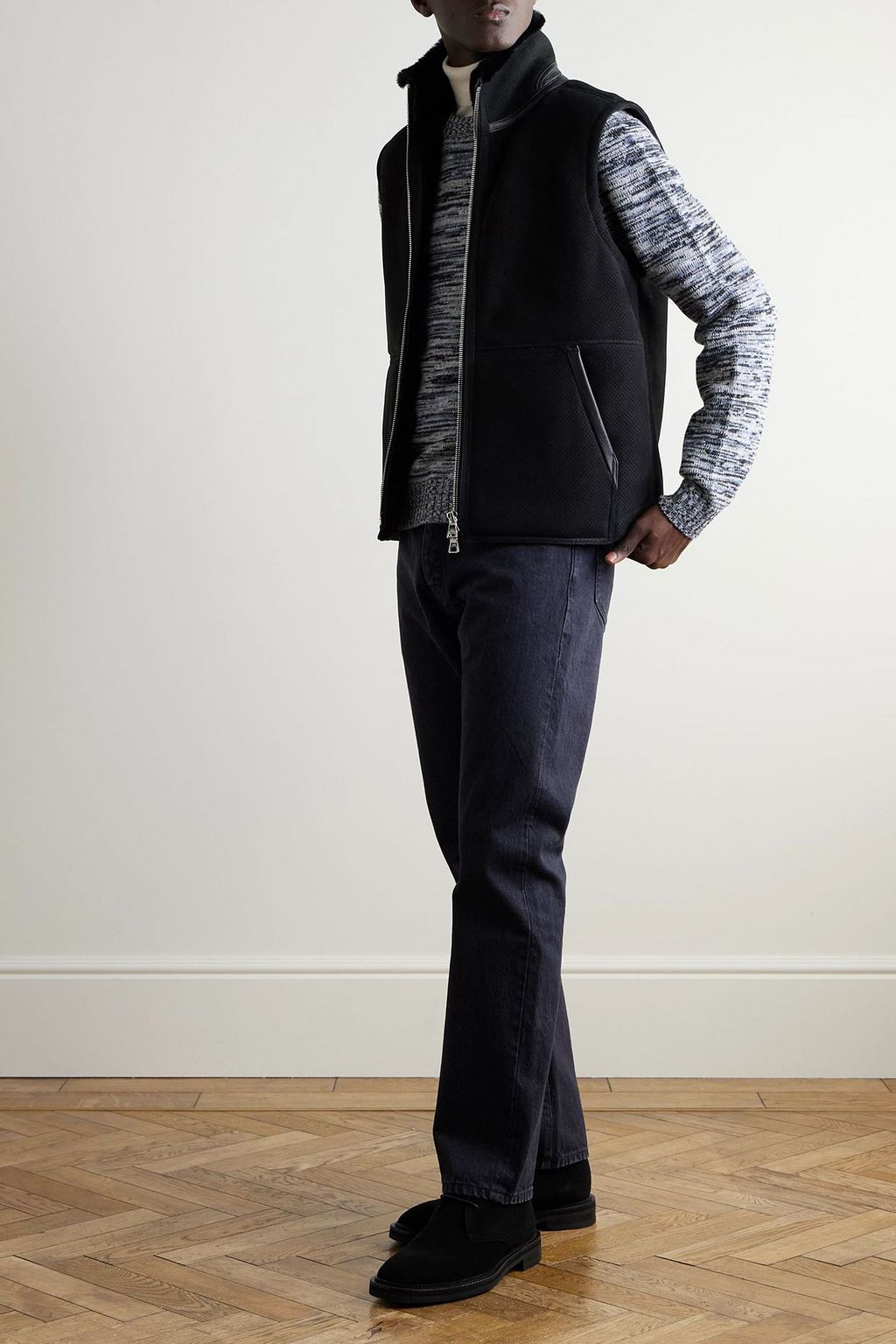 MR P. Leather-trimmed perforated shearling vest | THE OUTNET