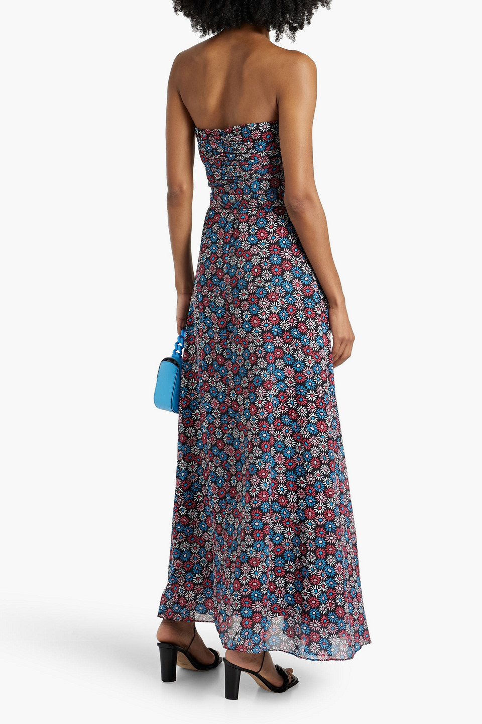 Shop Hvn Lola Strapless Floral-print Chiffon Maxi Dress In Blue