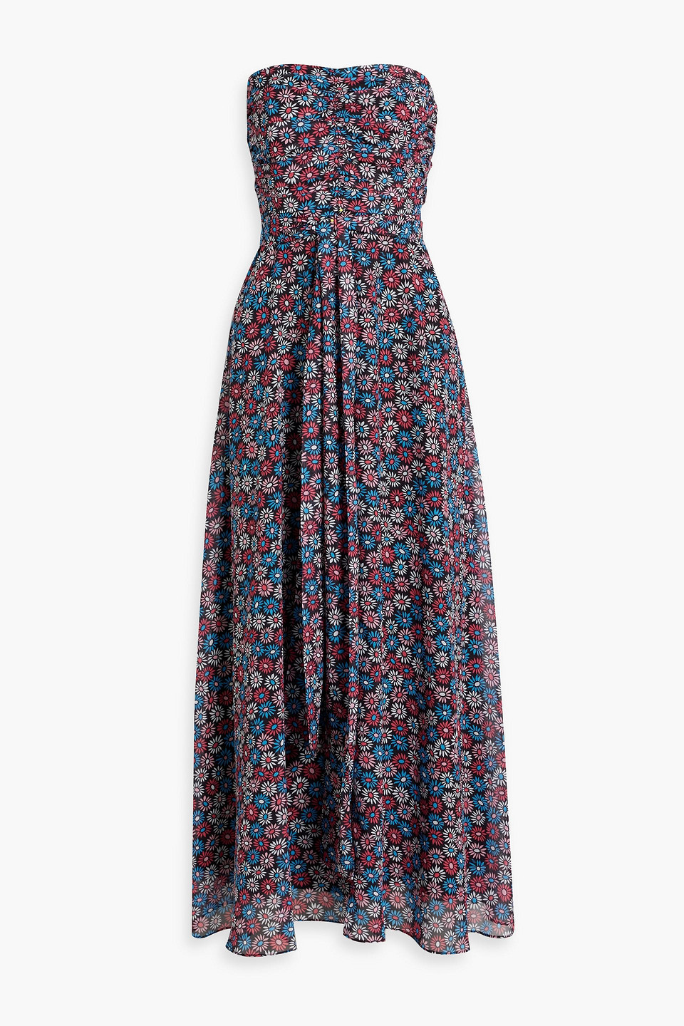 Hvn Lola Strapless Floral-print Chiffon Maxi Dress In Blue