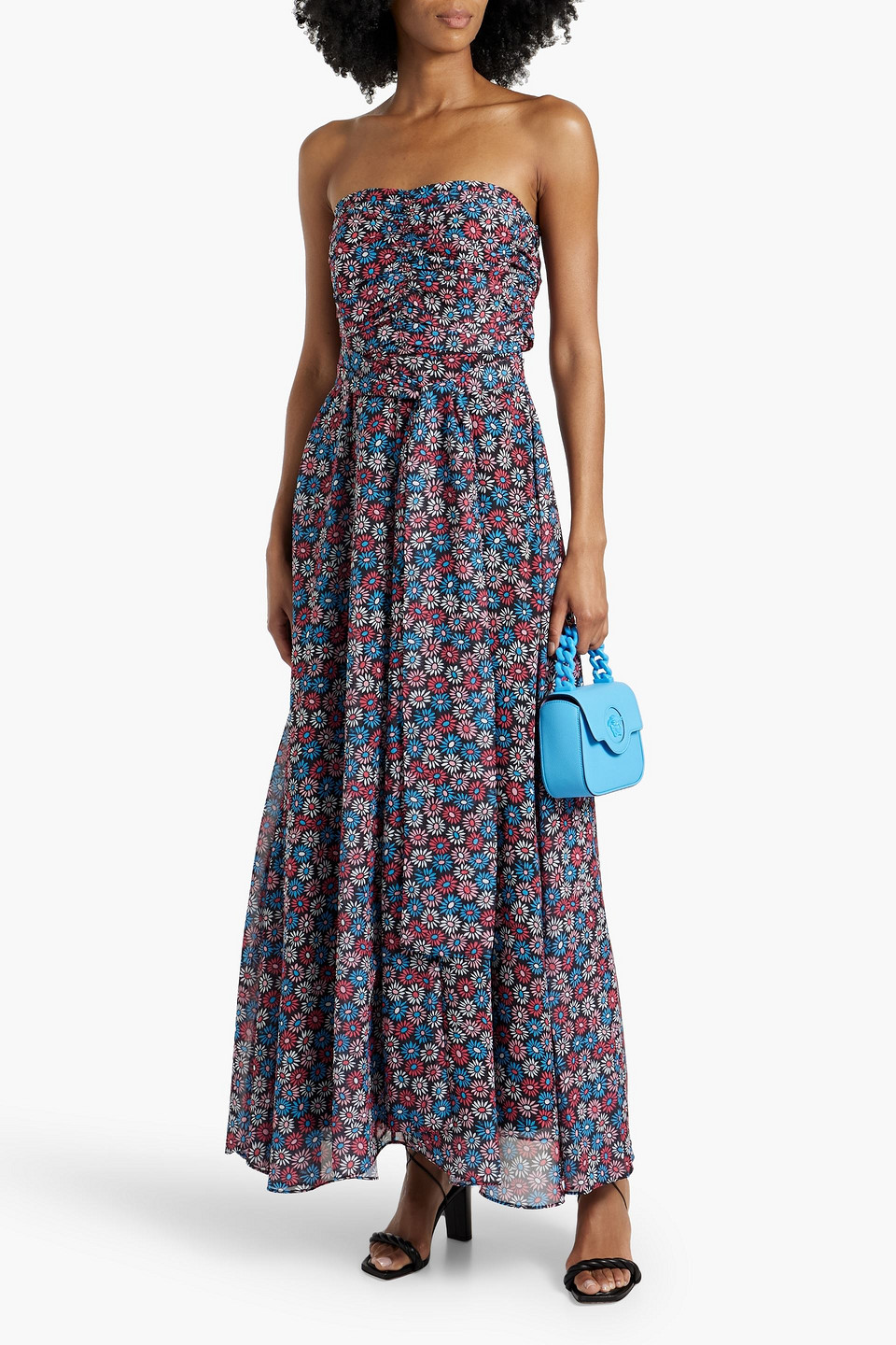 Shop Hvn Lola Strapless Floral-print Chiffon Maxi Dress In Blue