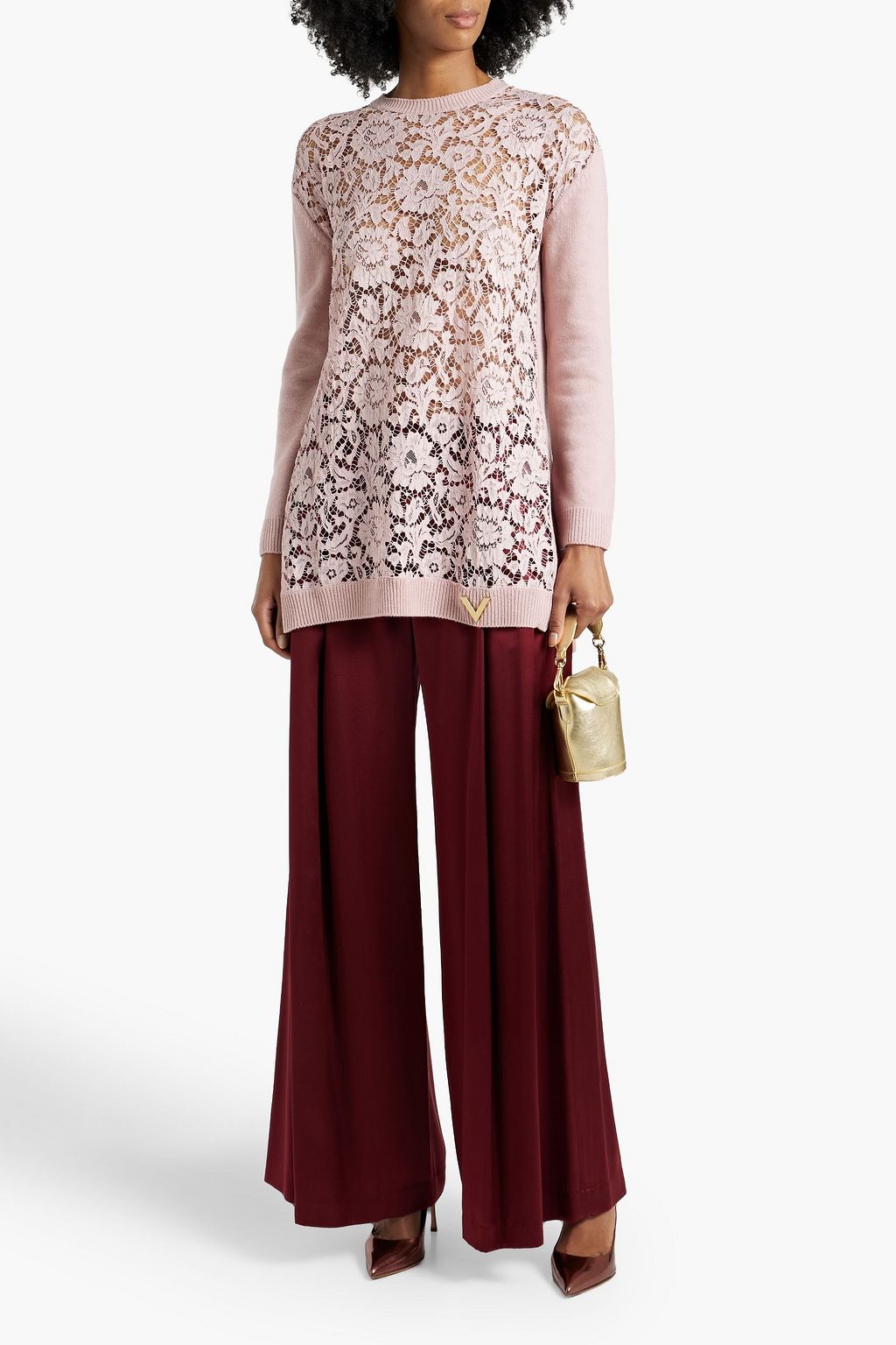 VALENTINO GARAVANI Corded lace-paneled wool and cashmere-blend sweater