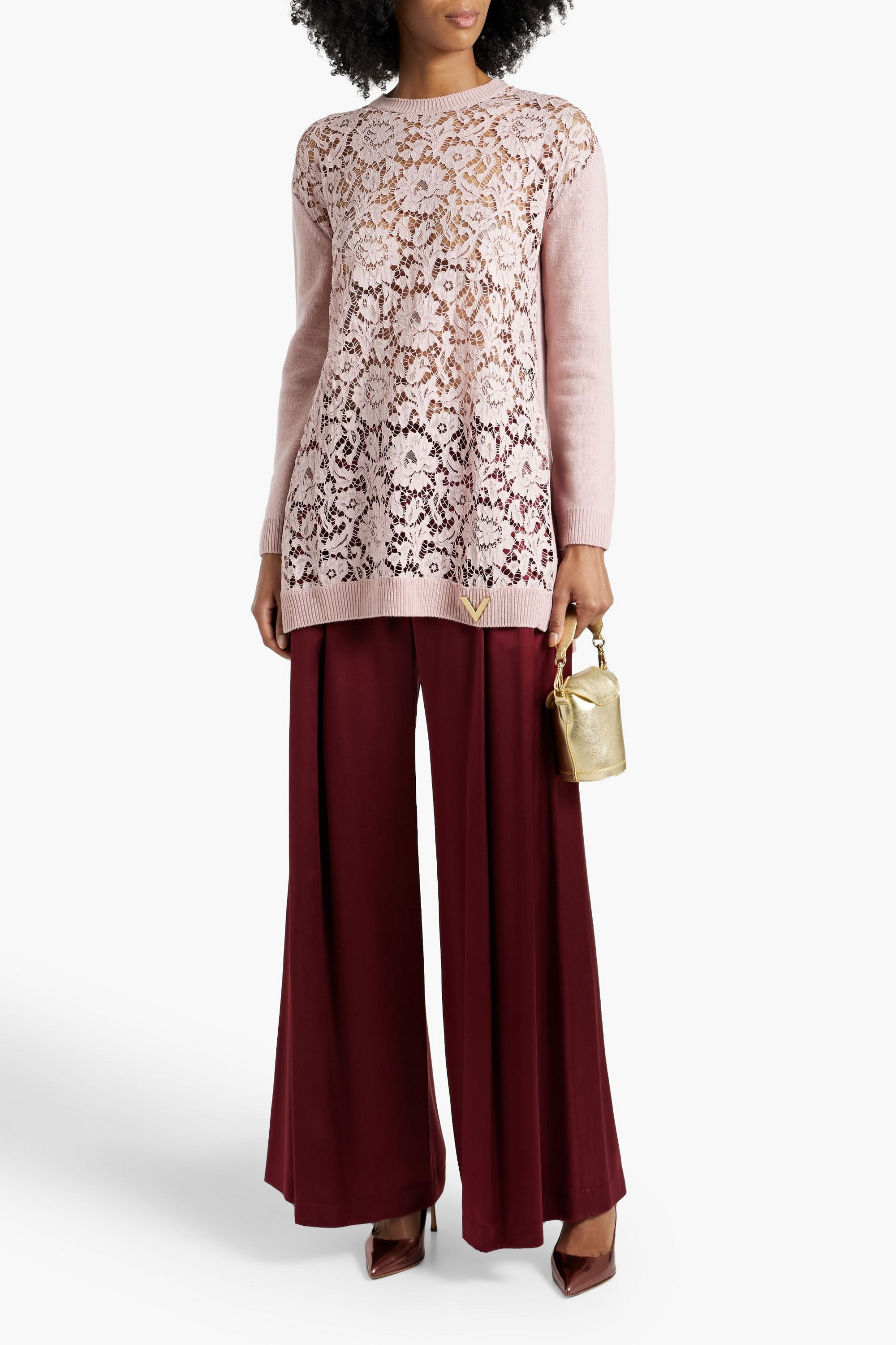 Valentino Garavani Corded lace-paneled wool and cashmere-blend sweater