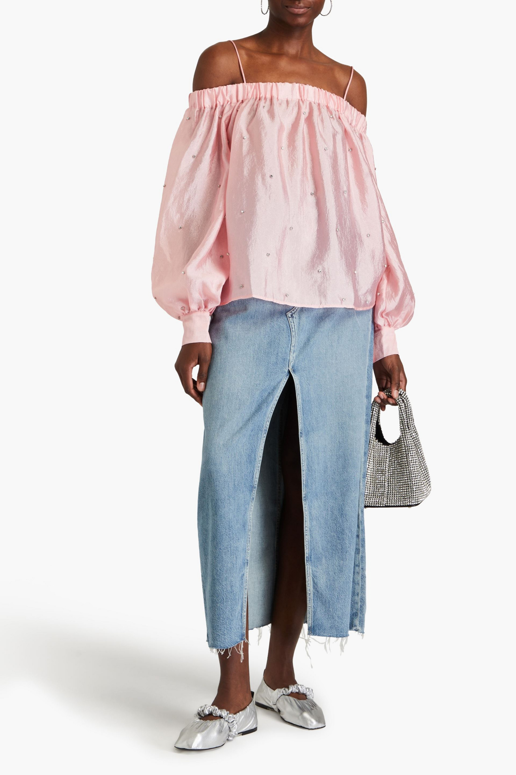 Stine Goya Cold-shoulder embellished taffeta top