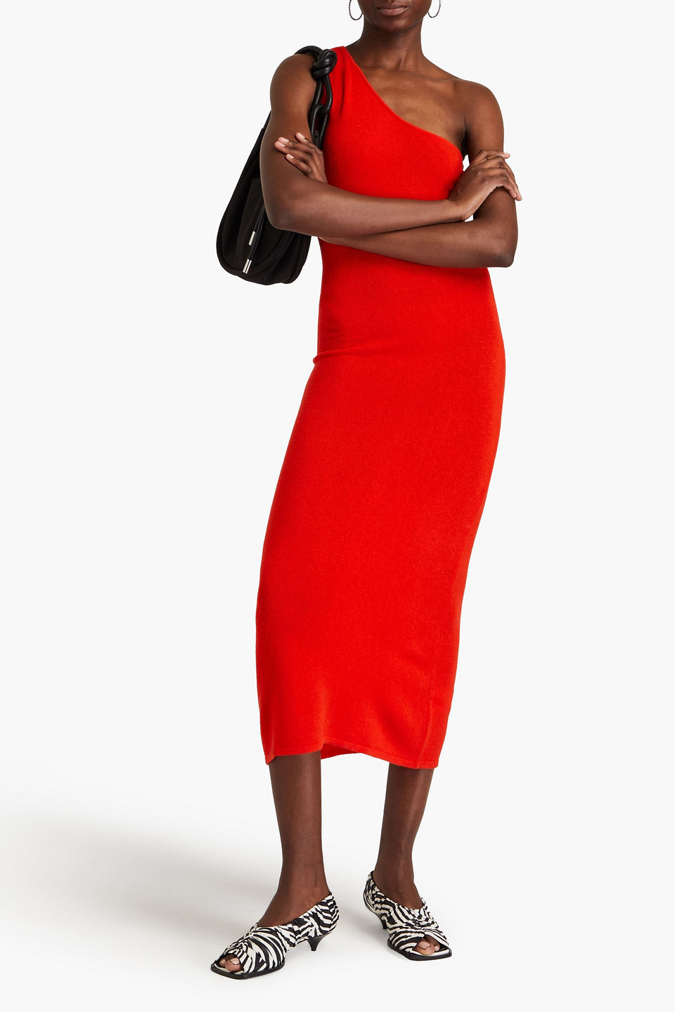 Shop Stine Goya Tiffany One-shoulder Cutout Merino Wool And Silk-blend Midi Dress In Tomato Red