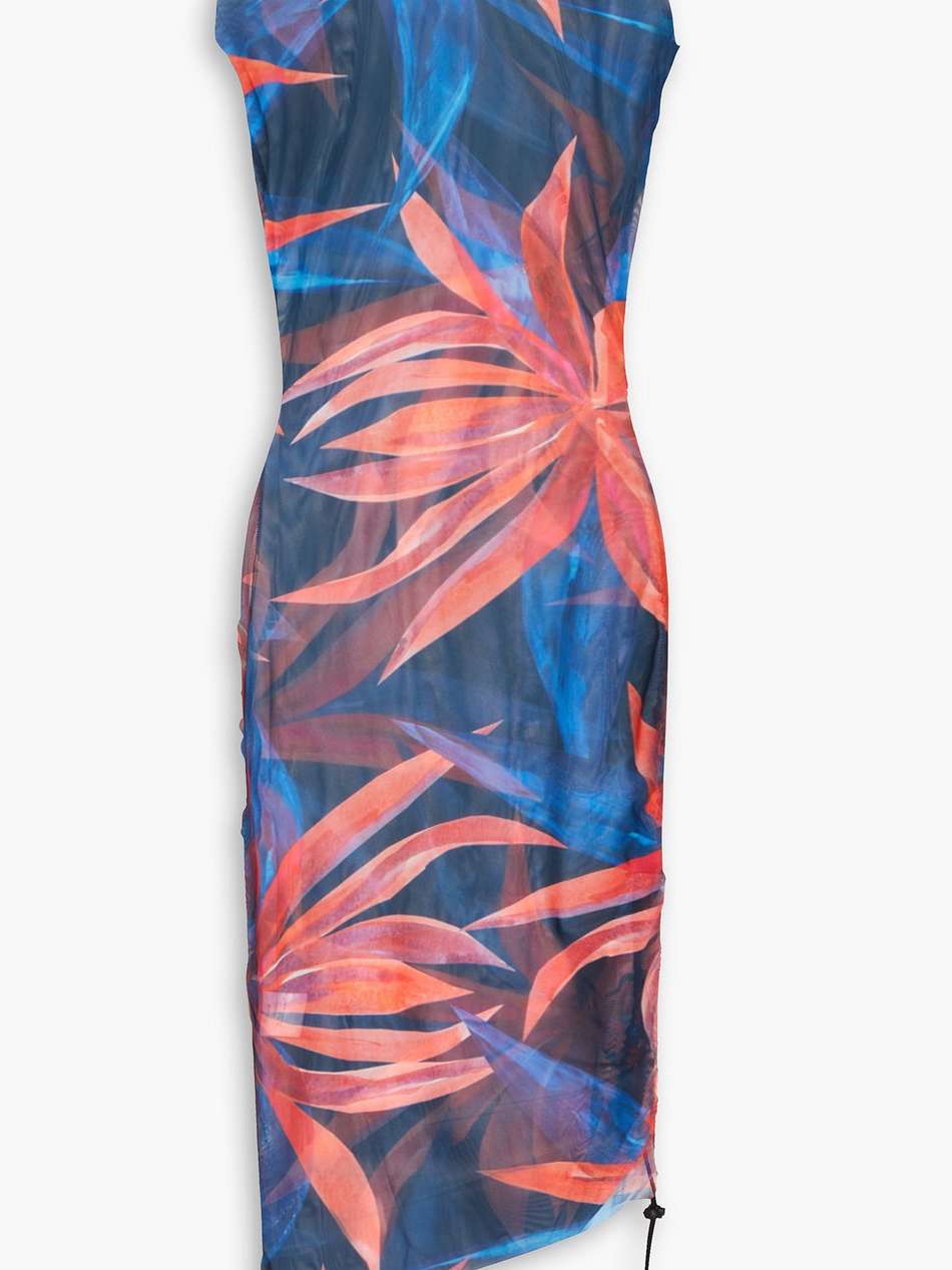 ruched printed stretch-mesh mini dress
