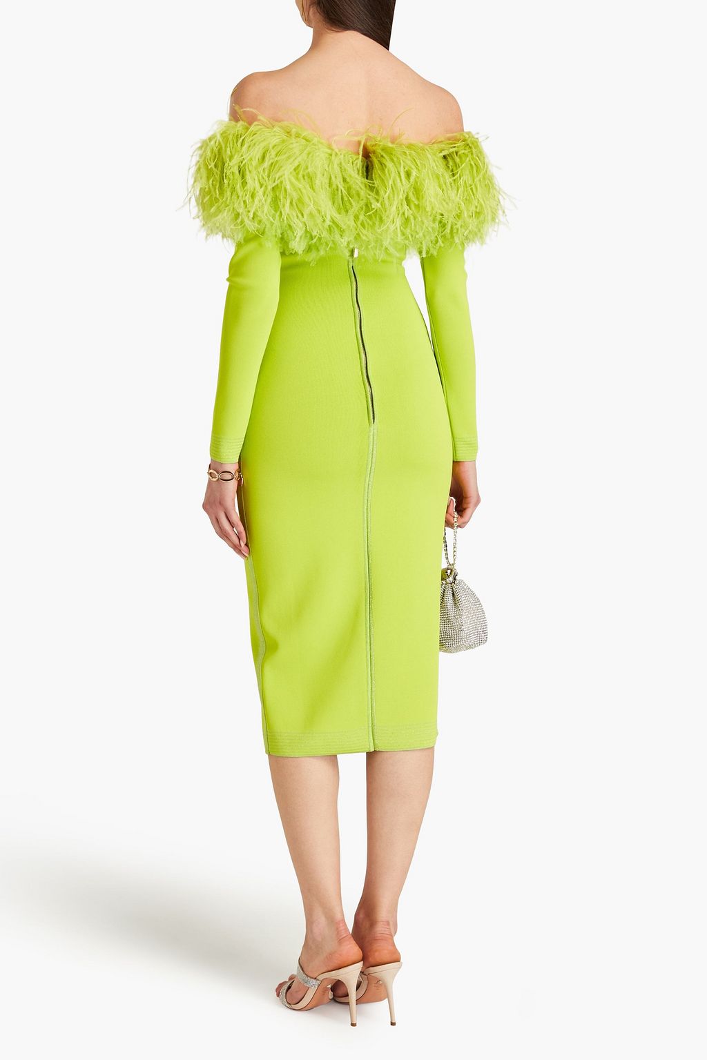 ELIE SAAB Schulterfreies Midikleid aus Stretch-Strick mit Federverzierung