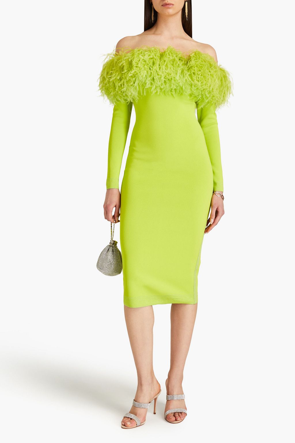 ELIE SAAB Schulterfreies Midikleid aus Stretch-Strick mit Federverzierung