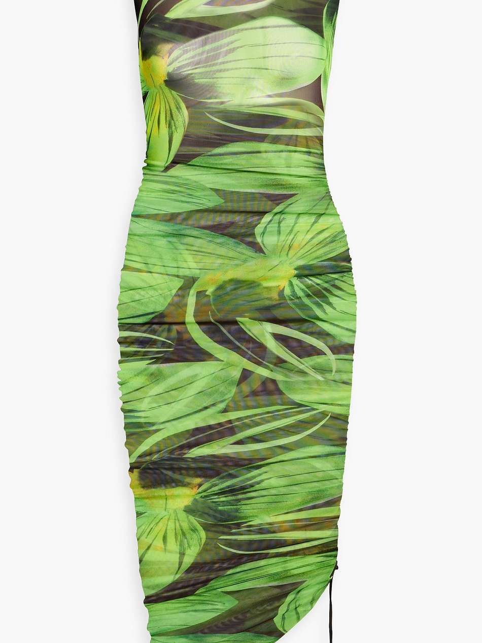 asymmetric printed stretch-mesh dress
