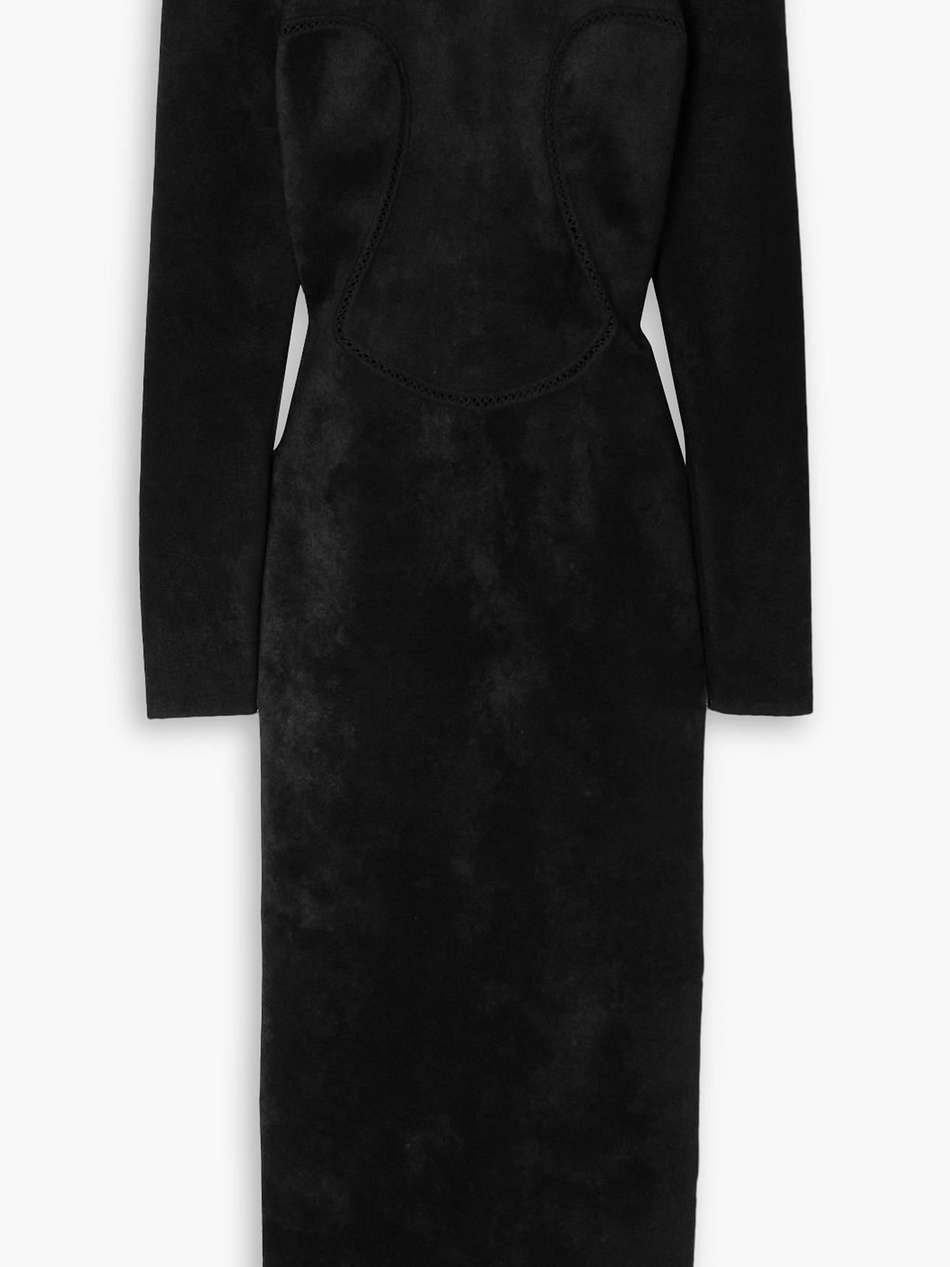 off-the-shoulder lace-trimmed velvet midi dress