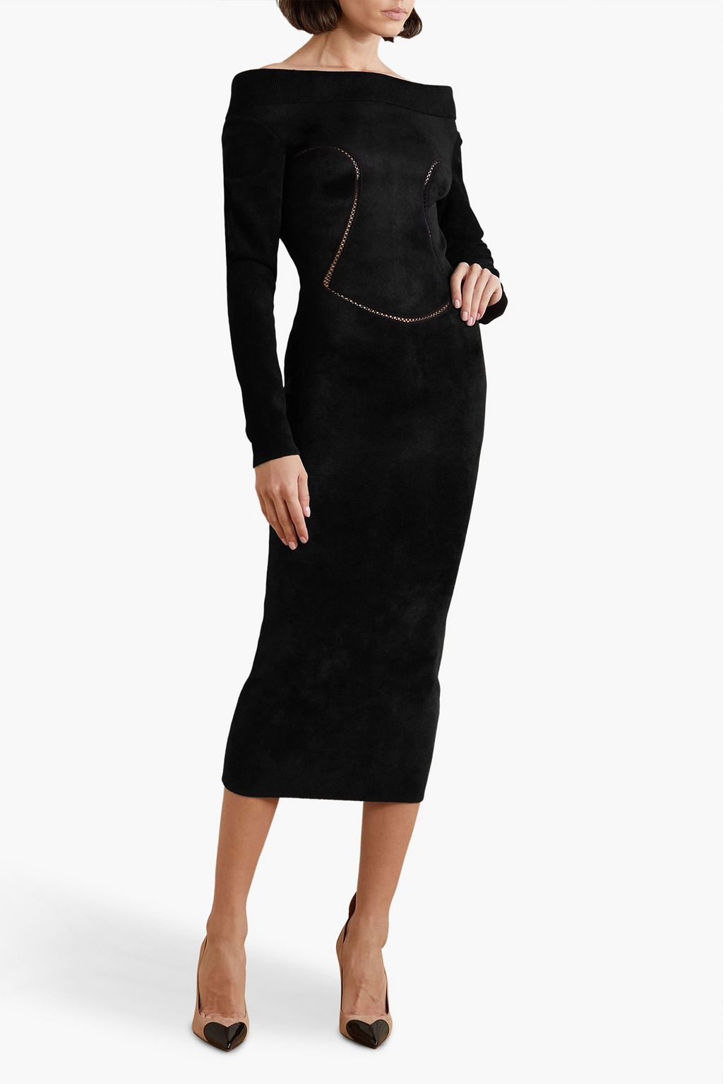ALAÏA Off-the-shoulder lace-trimmed velvet midi dress