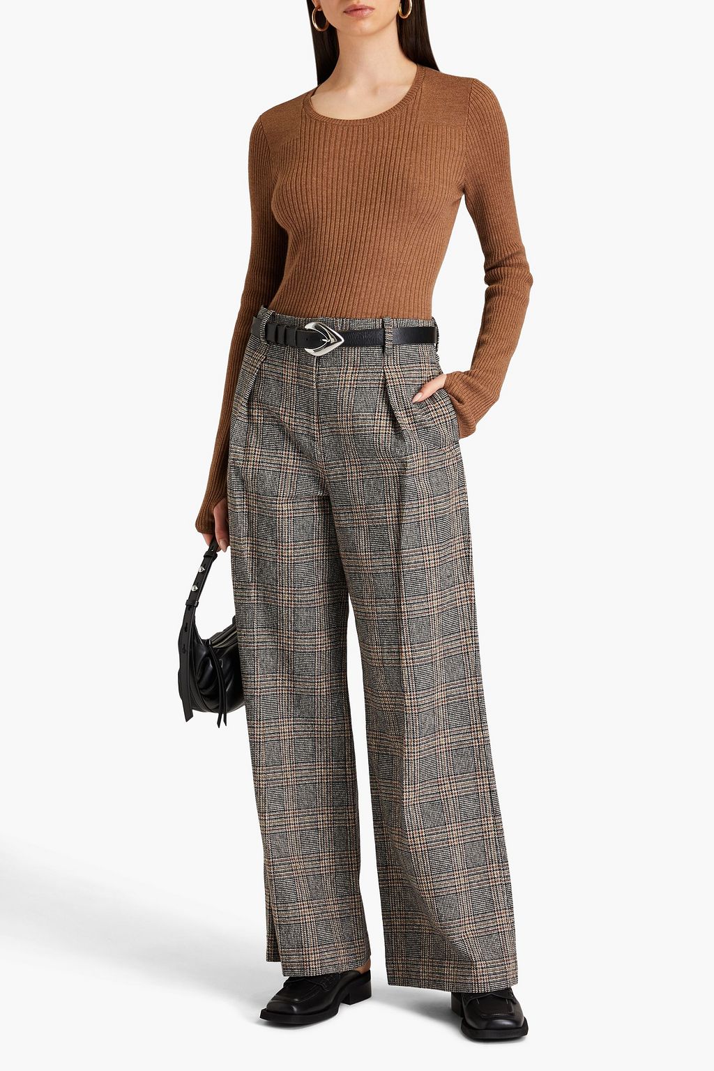 RAG & BONE بنطال "بينيت" بقصّة أرجل واسعة من مزيج التويد والقطن بنقش مربّعات برنس أوف ويلز وبكسرات