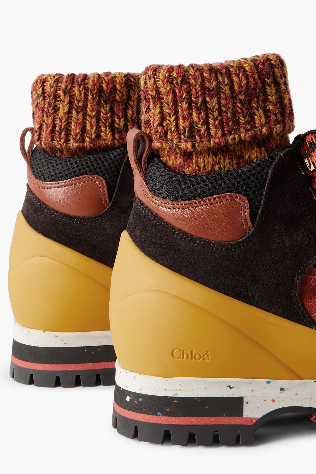 CHLOÉ Nikie ribbed knit-paneled leather, suede and mesh hiking boots