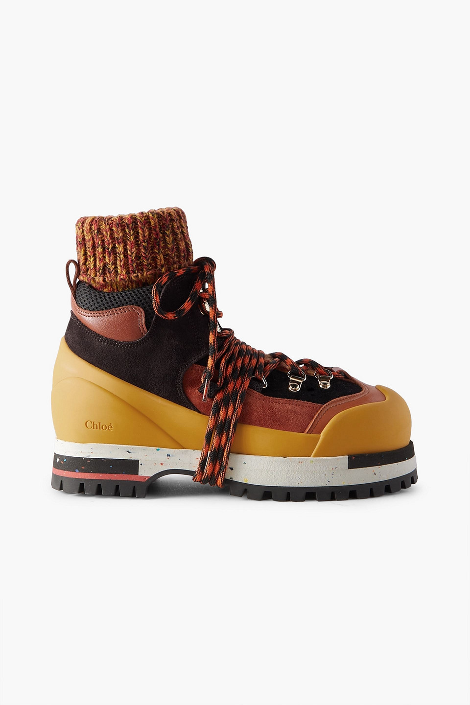 Chloé Nikie Leather-trimmed Suede, Ribbed-knit, Rubber And Mesh Ankle Boots In Marigold