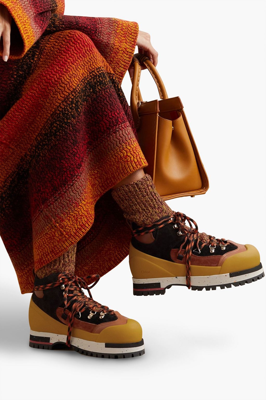 CHLOÉ Nikie ribbed knit-paneled leather, suede and mesh hiking boots