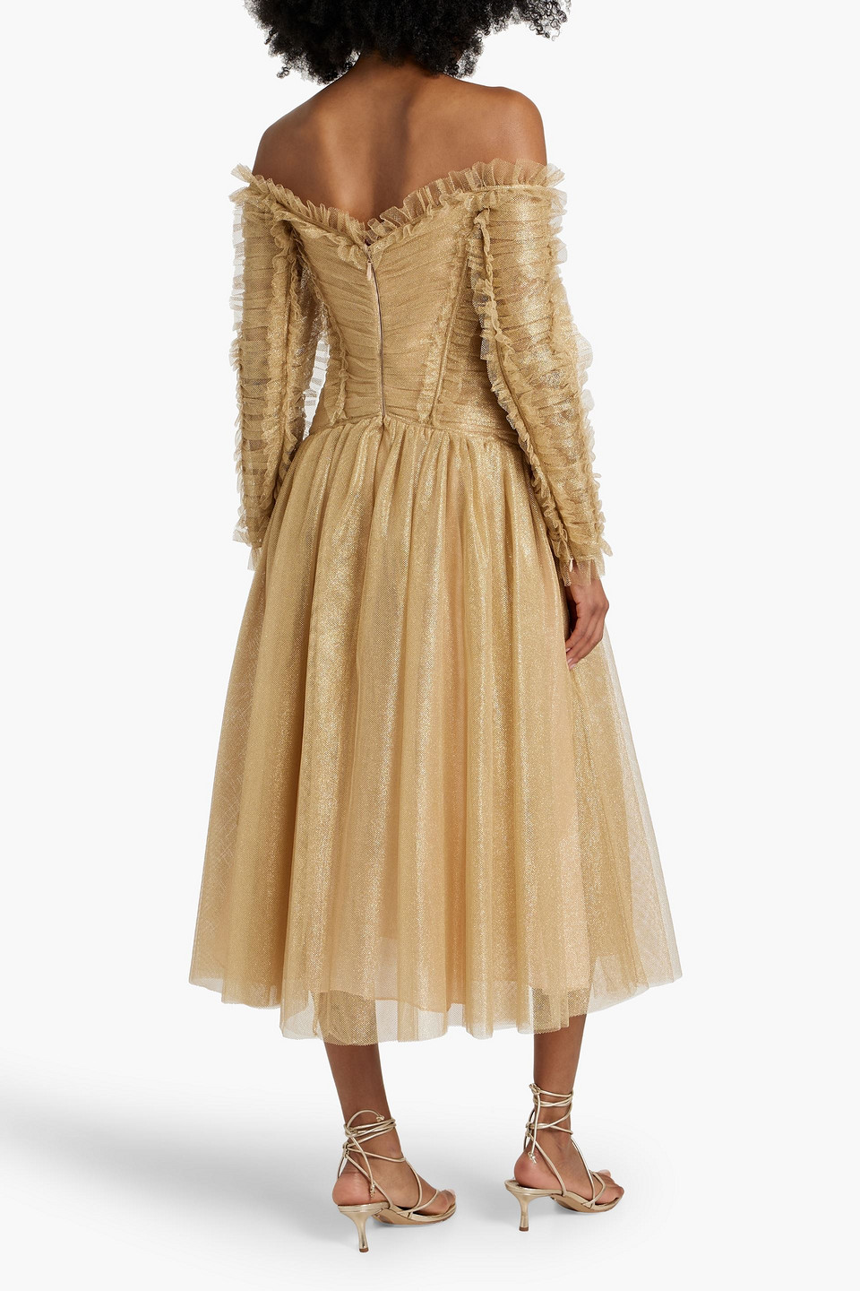 Shop Zimmermann Off-the-shoulder Ruched Metallic Tulle Midi Dress In Gold