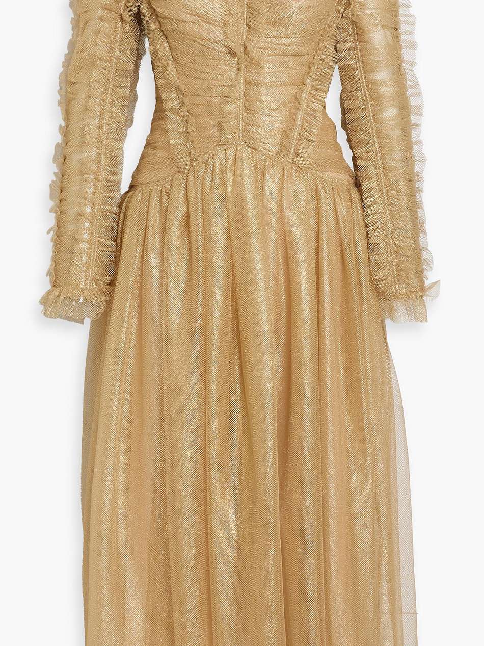 off-the-shoulder ruched metallic tulle midi dress
