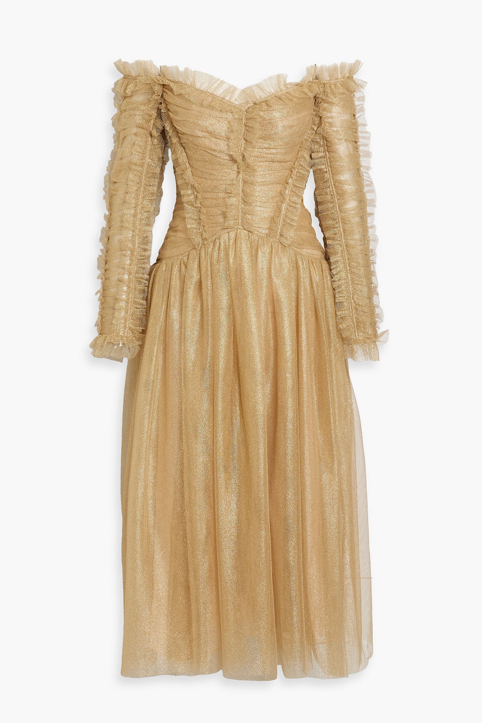 Zimmermann Off-the-shoulder Ruched Metallic Tulle Midi Dress In Gold