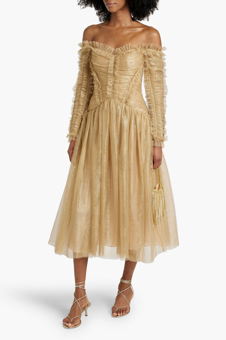 Zimmermann Off-the-shoulder Ruched Metallic Tulle Midi Dress In Gold