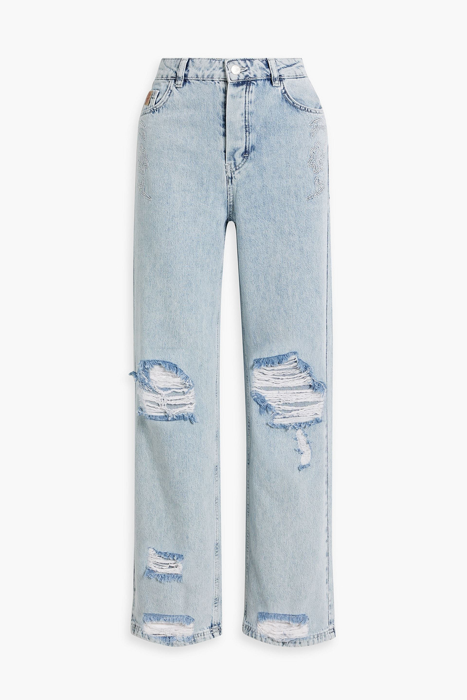 Holzweiler Neptune Distressed Embroidered High-rise Straight-leg Jeans In Light Denim