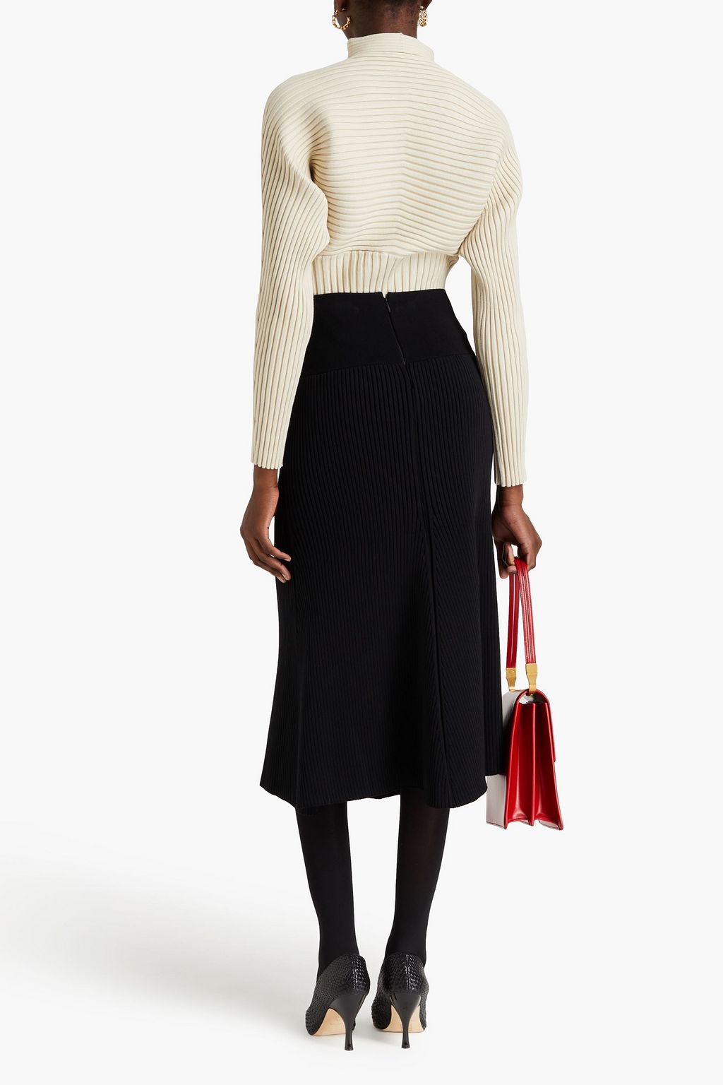 TORY BURCH 투톤 리브 니트 미디 스커트