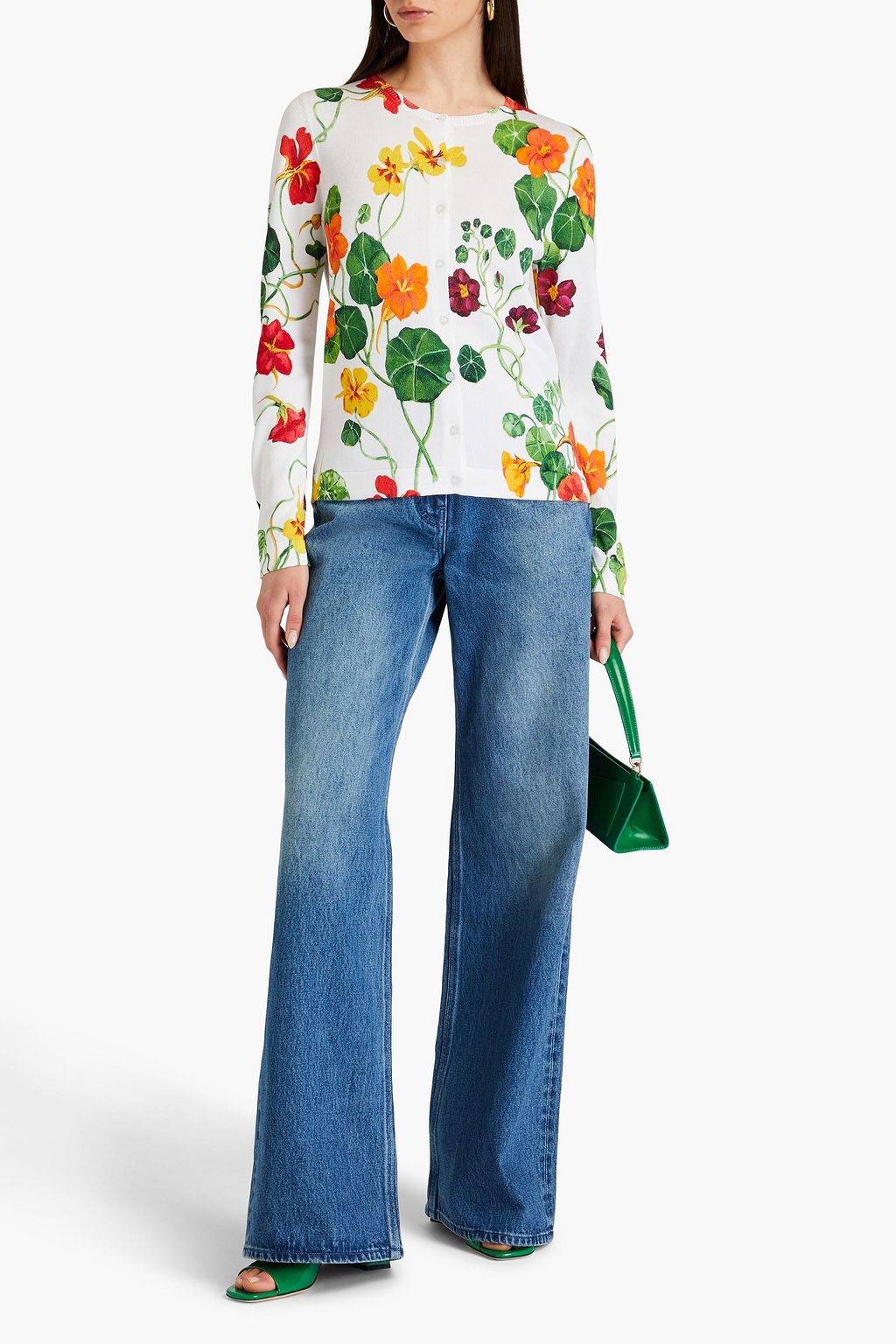 OSCAR DE LA RENTA 플로럴 프린트 코튼 혼방 카디건