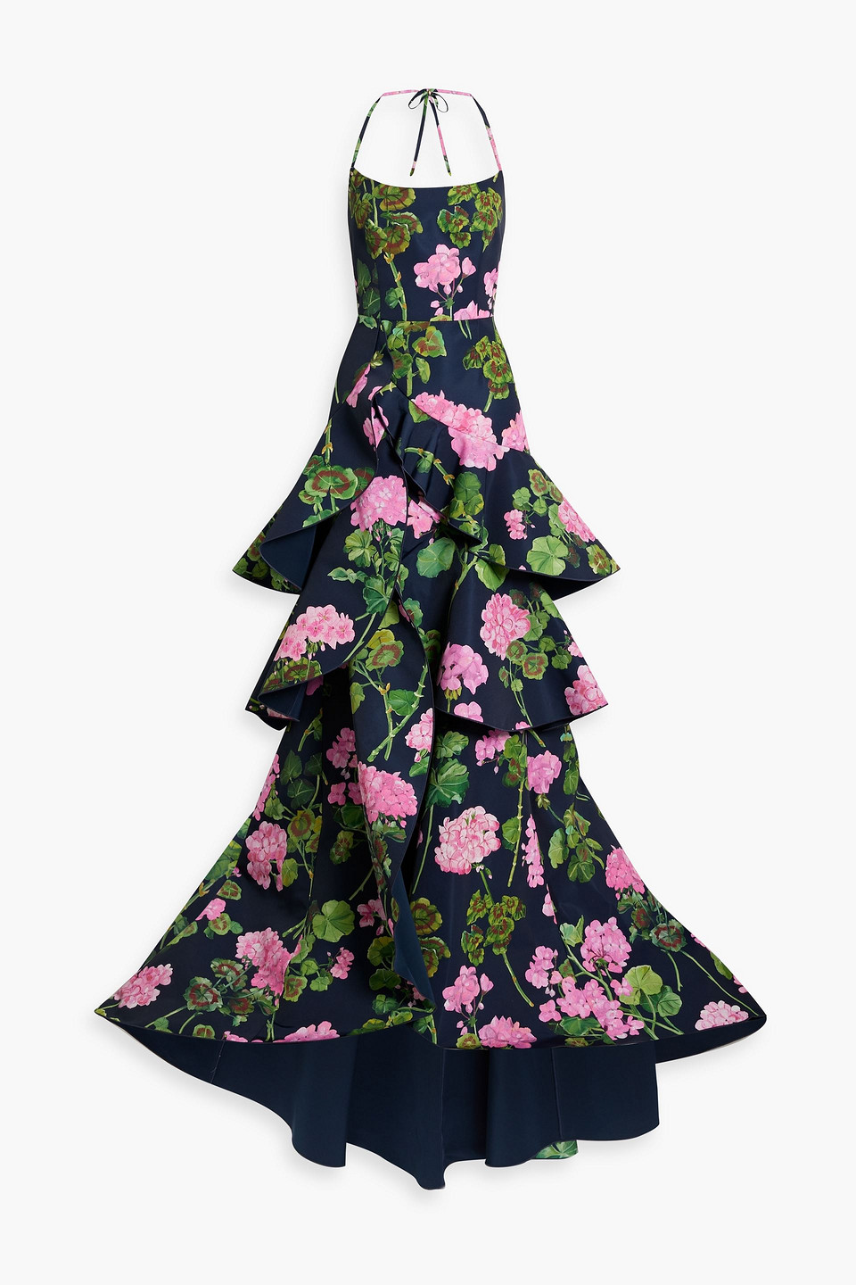 Oscar De La Renta Tiered Floral-print Faille Halterneck Gown In Midnight Blue