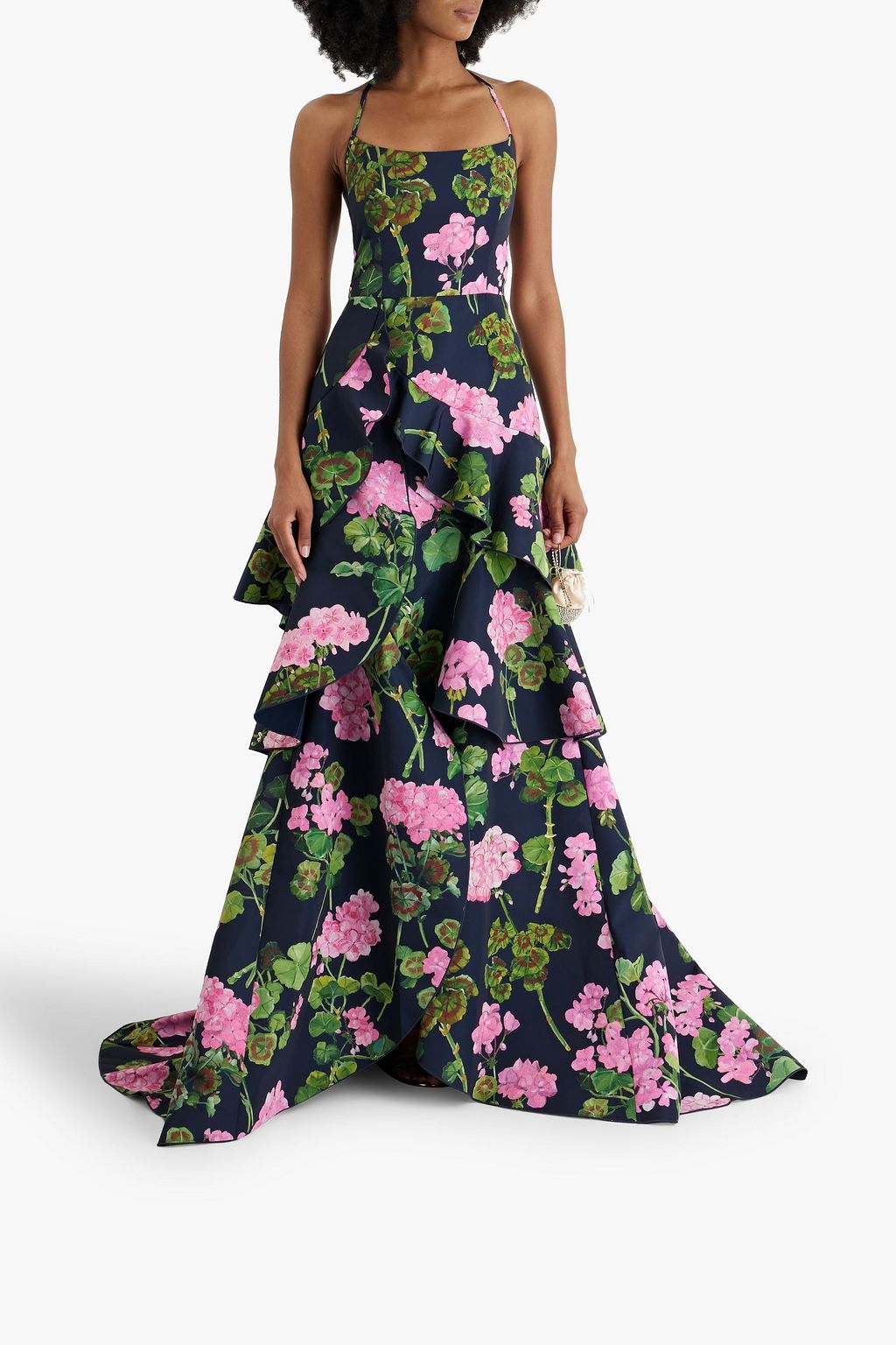 OSCAR DE LA RENTA فستان سهرة برباط حول الرقبة من نسيج الفاي بطبقات متدرجة ومزين بطبعة الأزهار