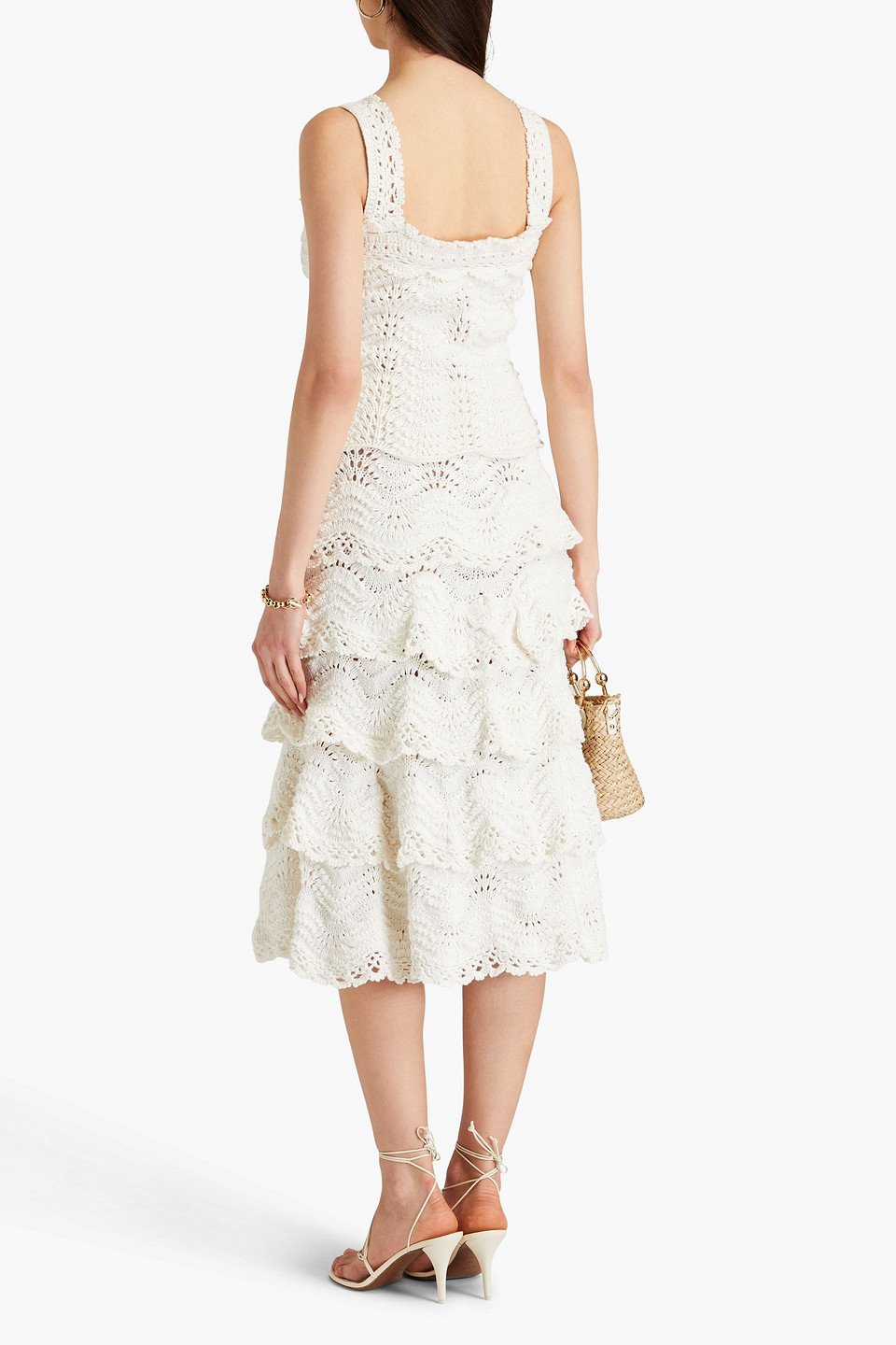 Shop Oscar De La Renta Tiered Crocheted Cotton Midi Skirt In Ivory