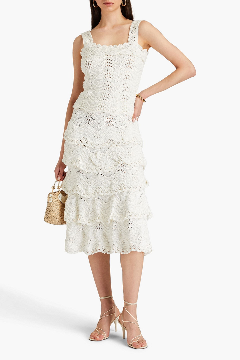 Shop Oscar De La Renta Tiered Crocheted Cotton Midi Skirt In Ivory