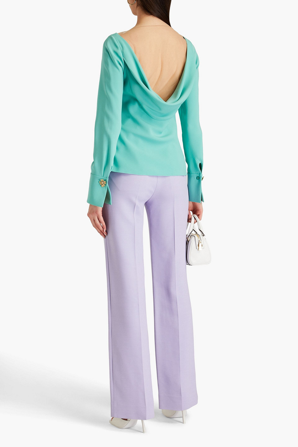 OSCAR DE LA RENTA TULLE-PANELED DRAPED SILK-BLEND CREPE BLOUSE 
