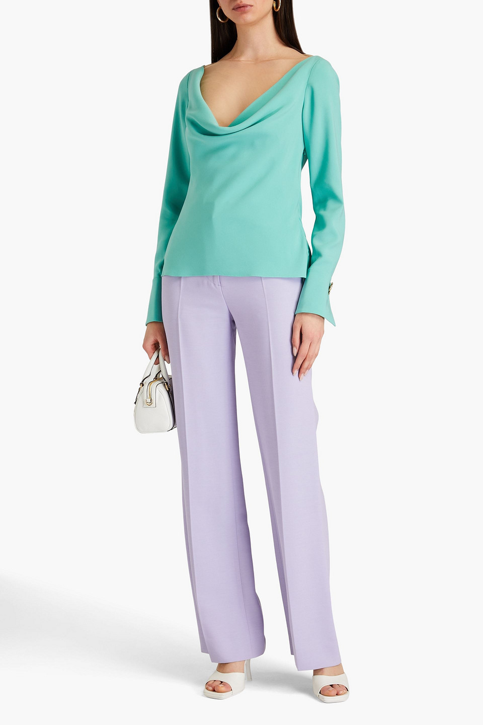 OSCAR DE LA RENTA TULLE-PANELED DRAPED SILK-BLEND CREPE BLOUSE 