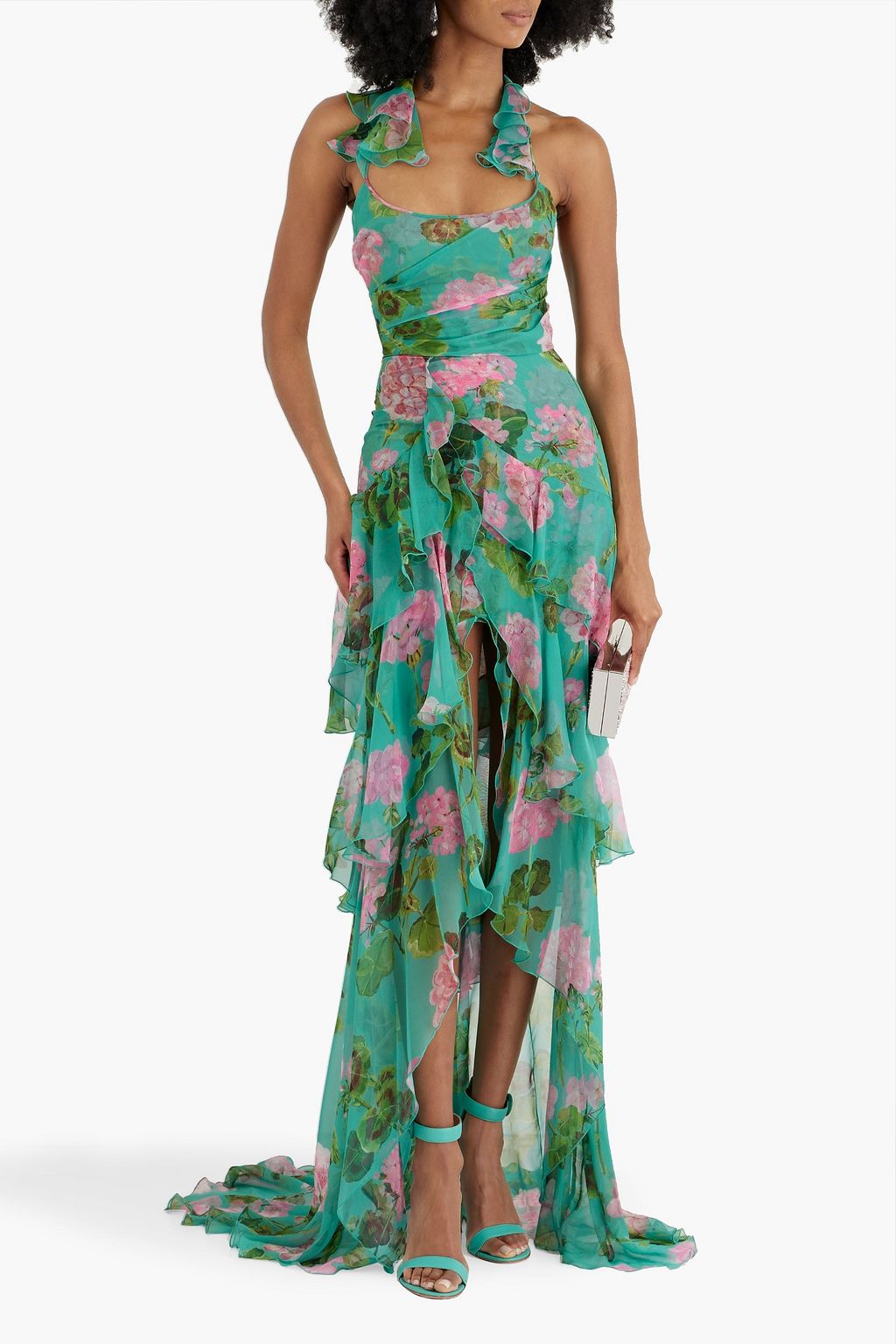 OSCAR DE LA RENTA Tiered floral-print silk-chiffon halterneck gown