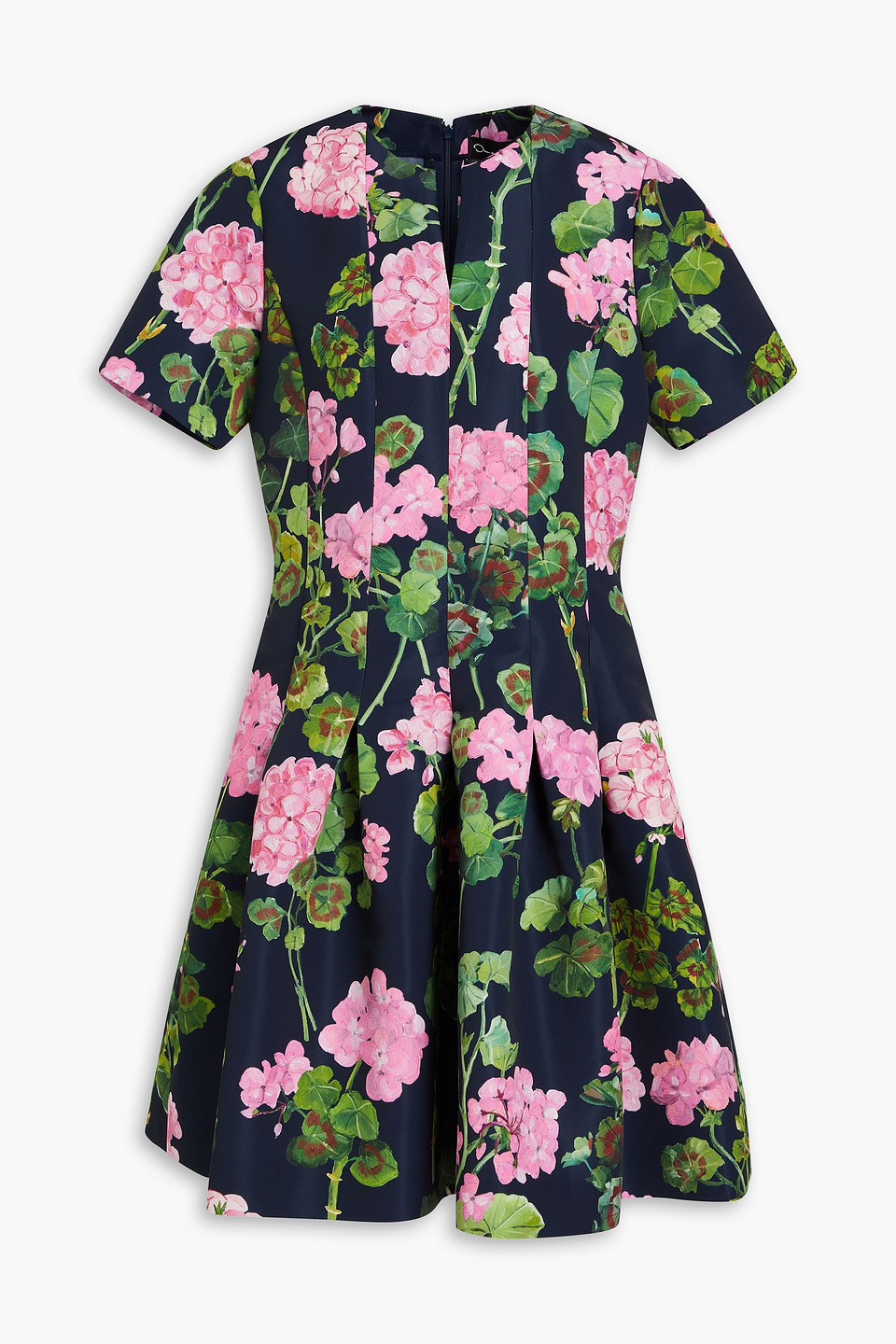 Oscar De La Renta Pleated Floral-print Crepe Dress In Midnight Blue